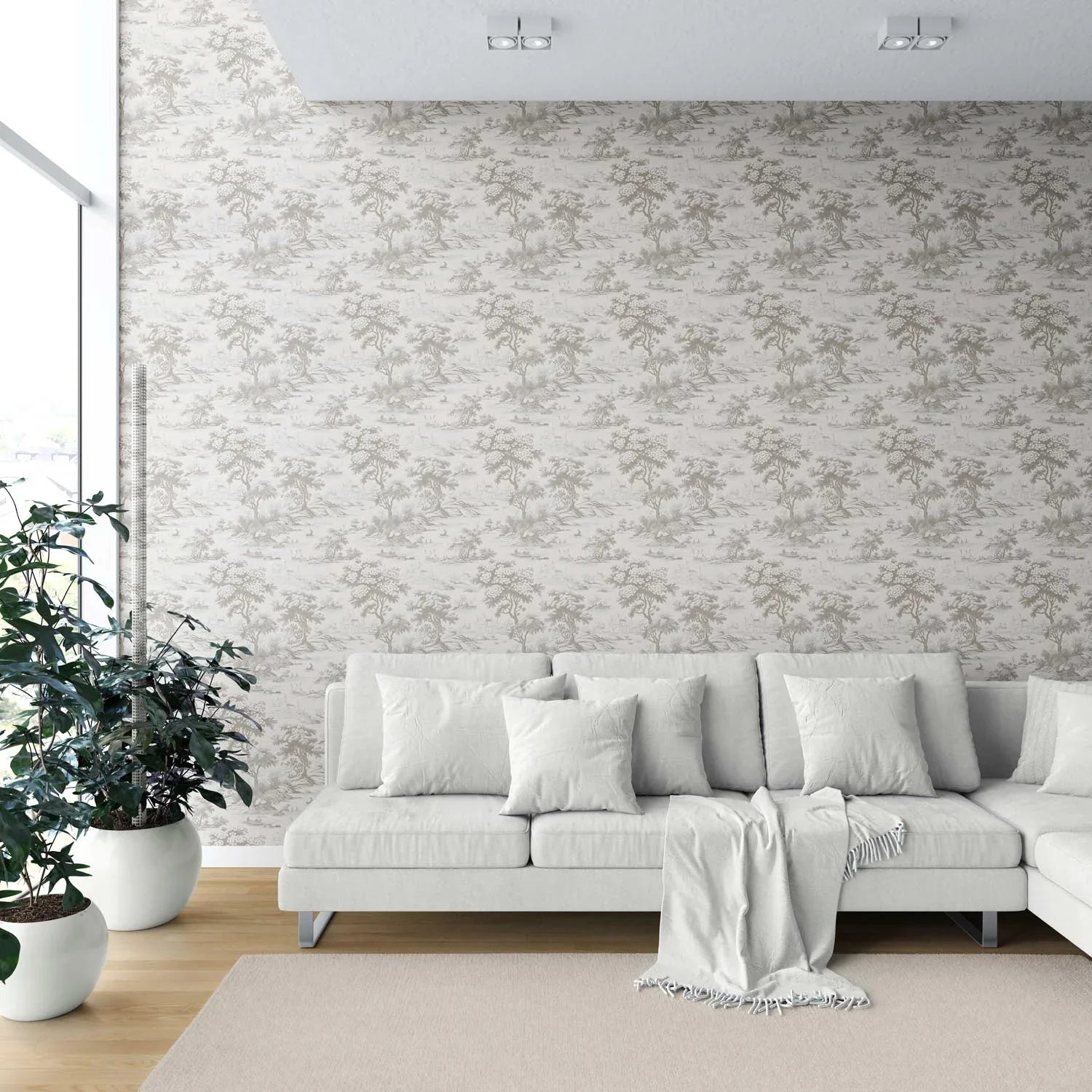 Floral Toile de Jouy Nature Print Shower Toilet Wallpaper (Greige/ Taupe/ Warm Gray)