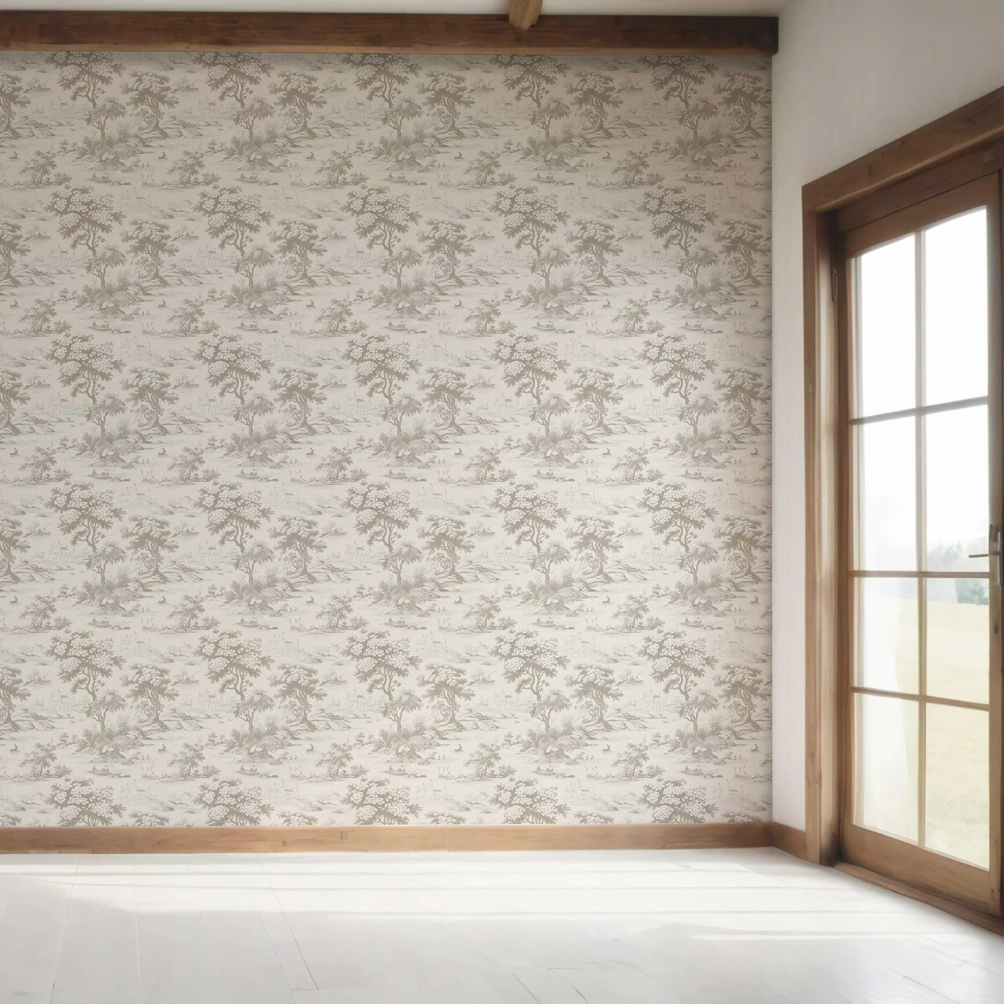Floral Toile de Jouy Nature Print Bedroom Wallpaper Sample (Greige/ Taupe/ Warm Gray)