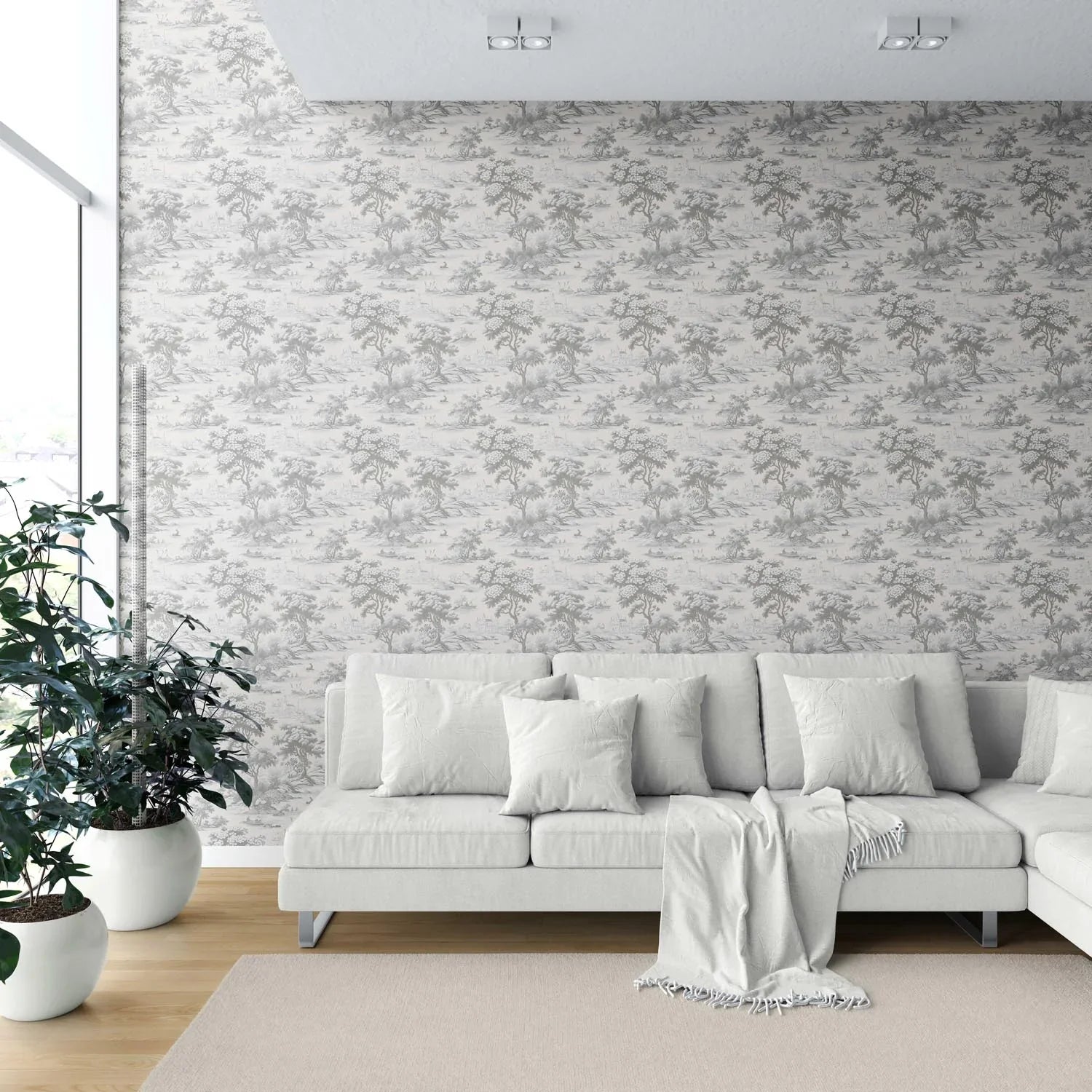 Floral Toile de Jouy Nature Print Shower Toilet Wallpaper Sample (Silver Gray)