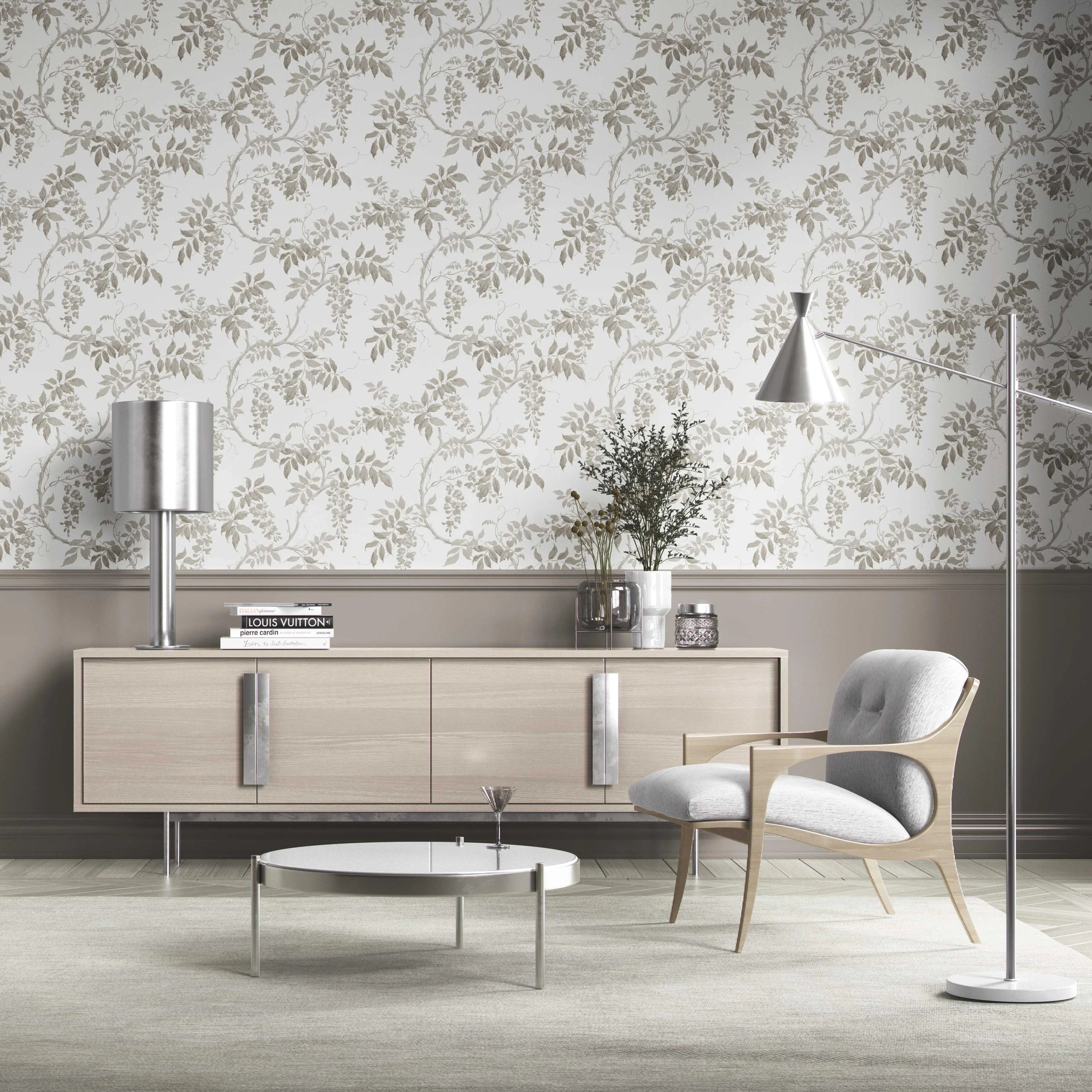 Neutral Floral Vine/ Botanical Kitchen Wallpaper (Grey/ Greige/ White)