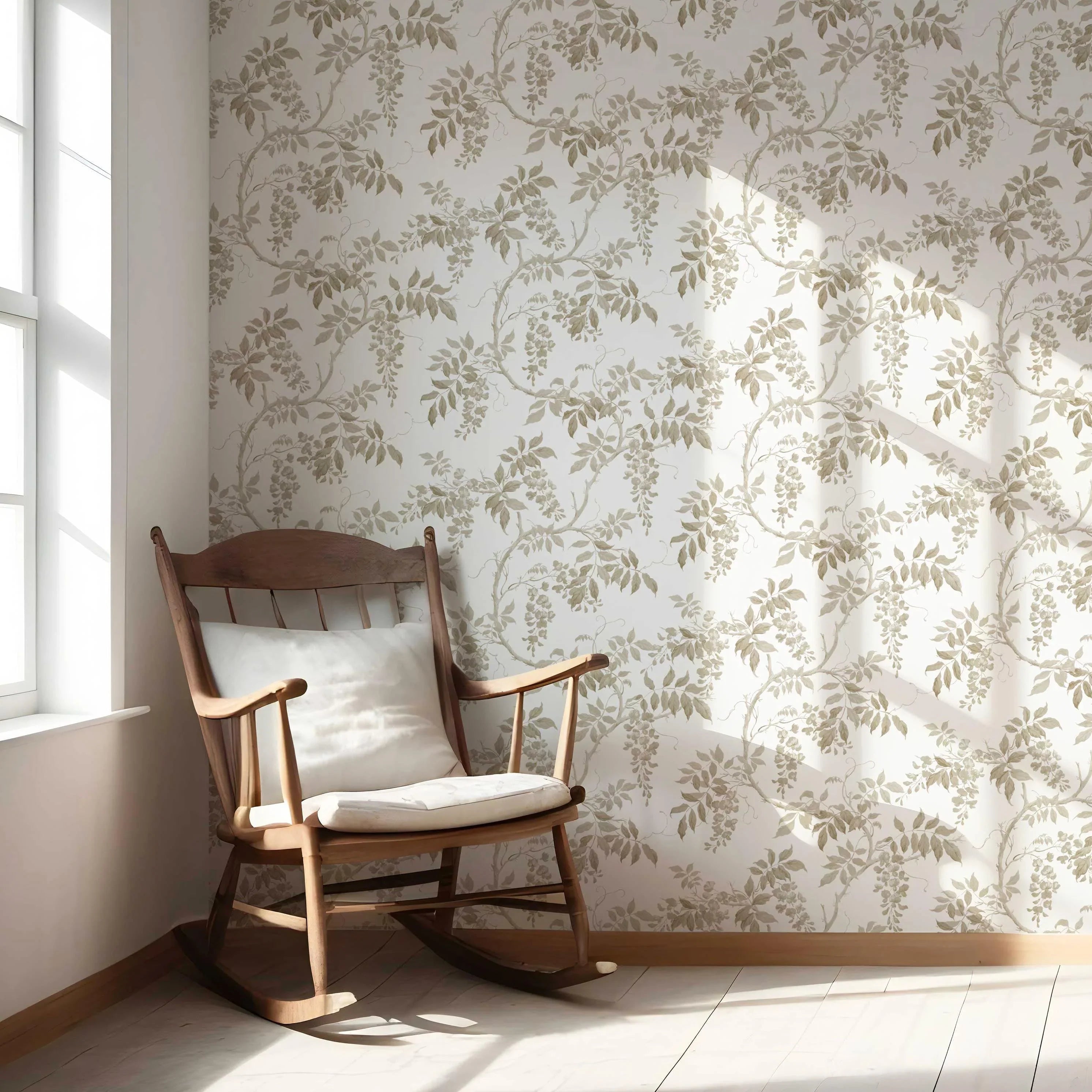 Neutral Floral Vine/ Botanical Nursery Wallpaper (Beige/ Taupe/ Grey/ White)