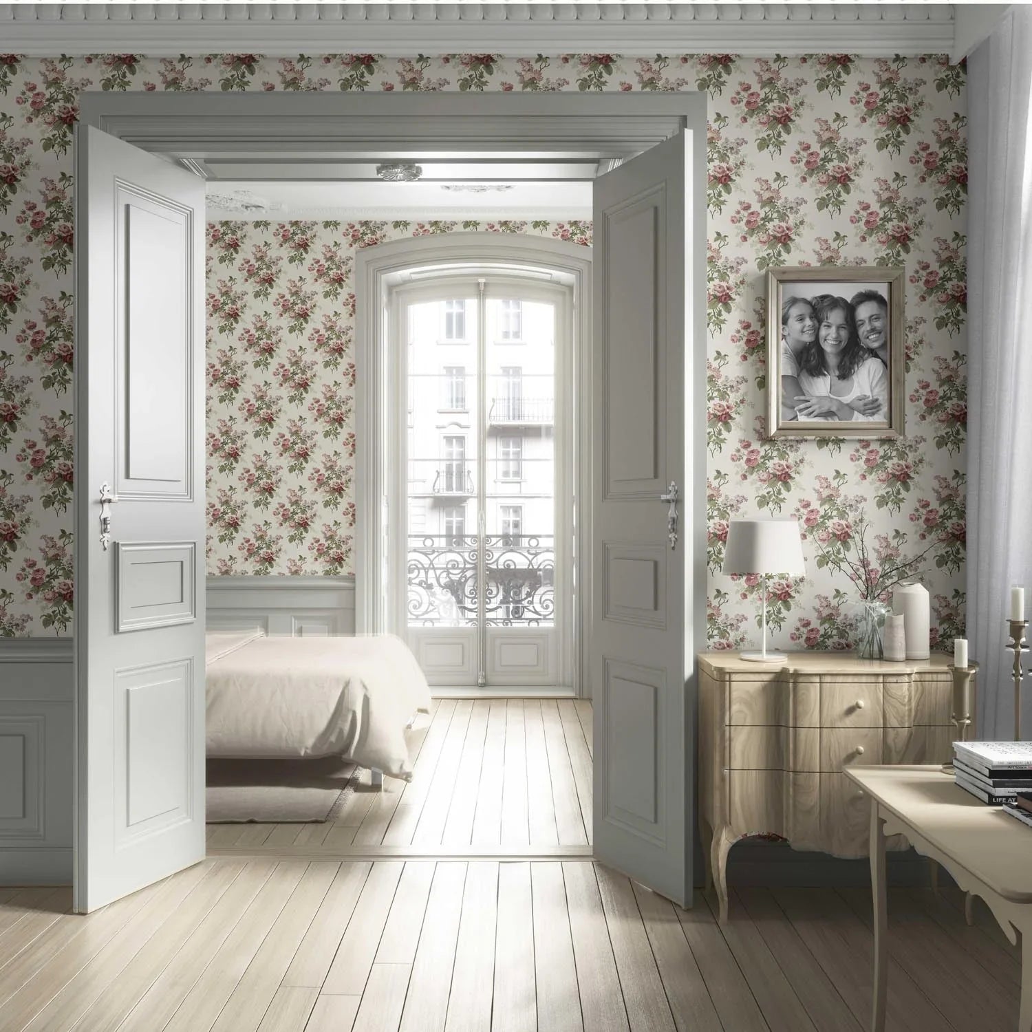 English Floral Print Living Room Wallpaper Sample (Cream/ Pink/ Green/ Mauve)