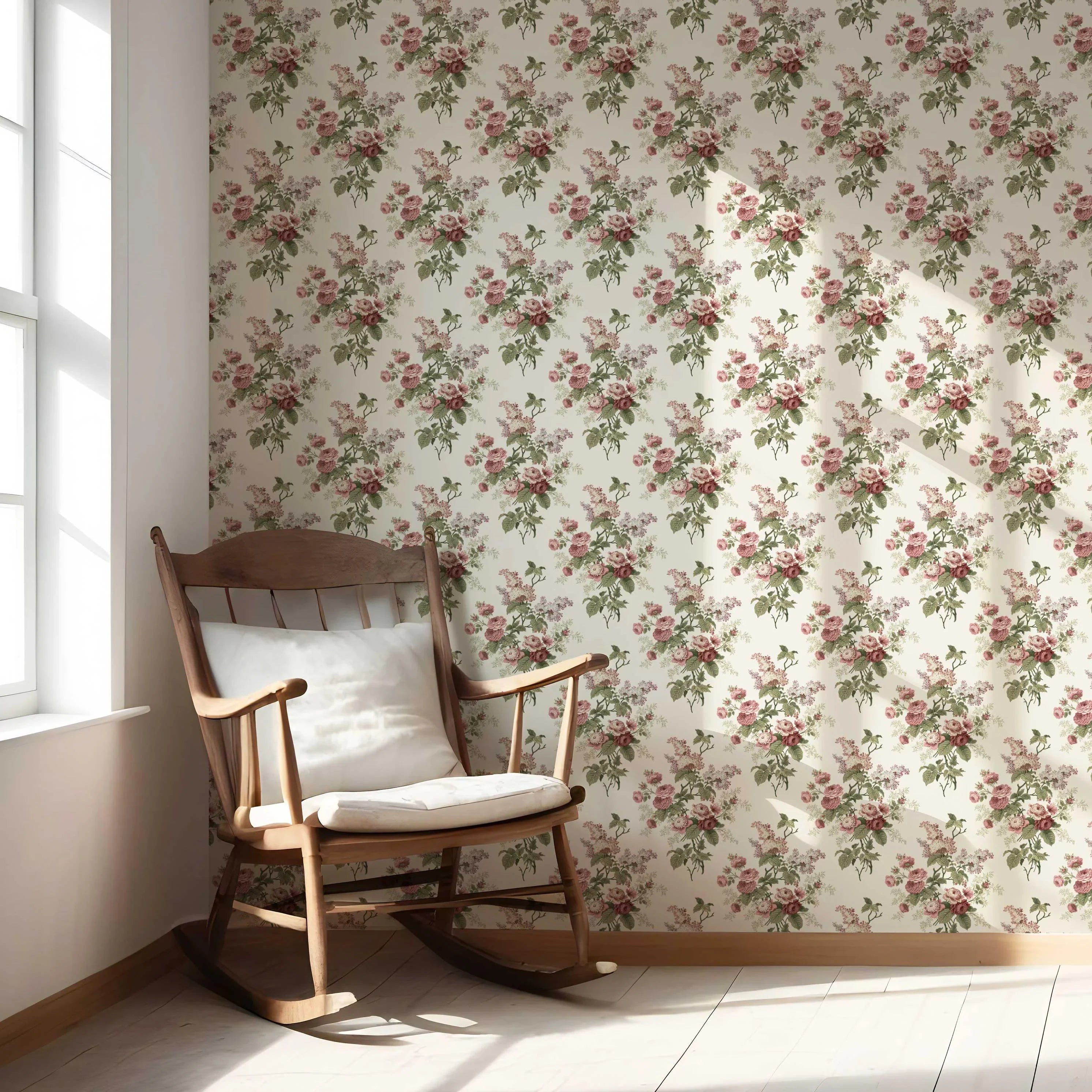 English Floral Print Nursery Wallpaper Sample (Cream/ Pink/ Green/ Mauve)
