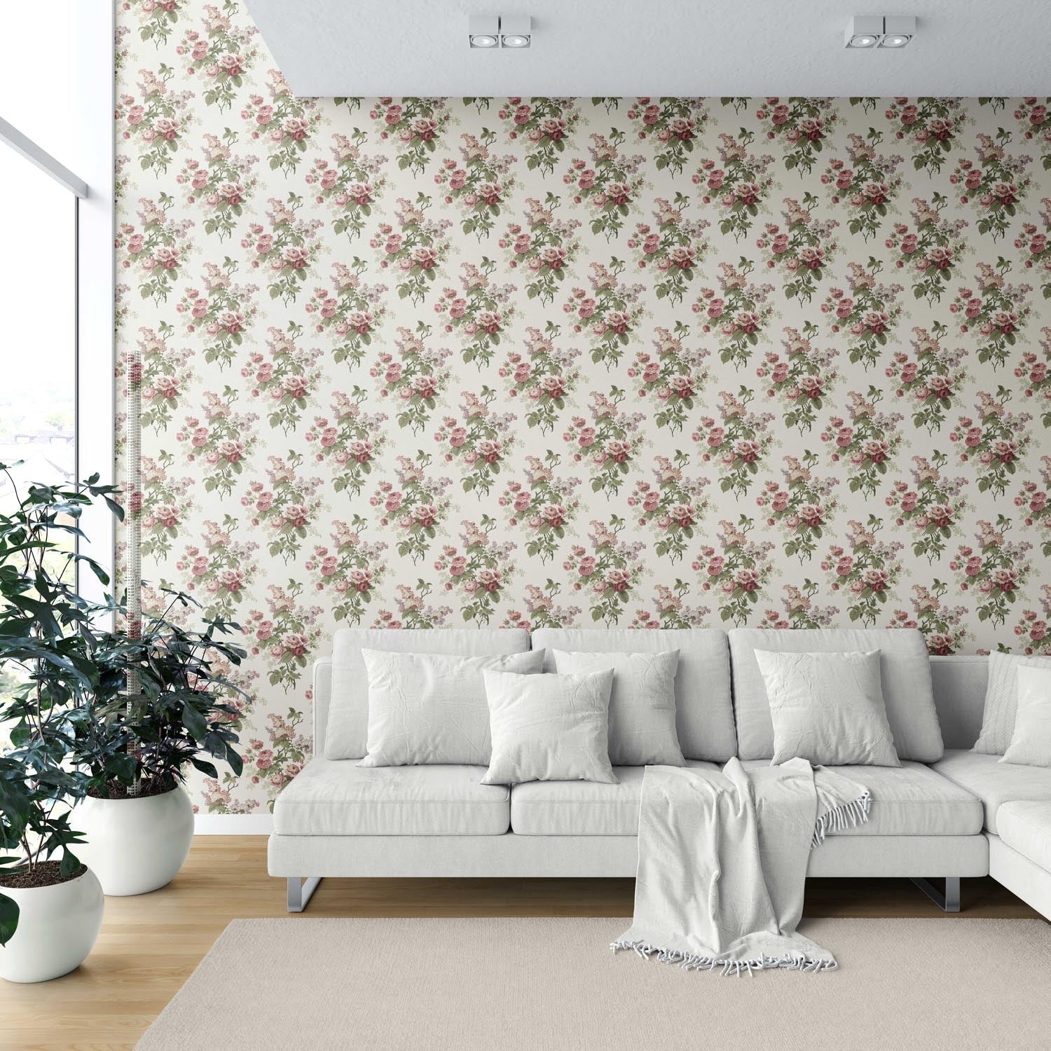 English Floral Print Shower Toilet Wallpaper Sample (Cream/ Pink/ Green/ Mauve)
