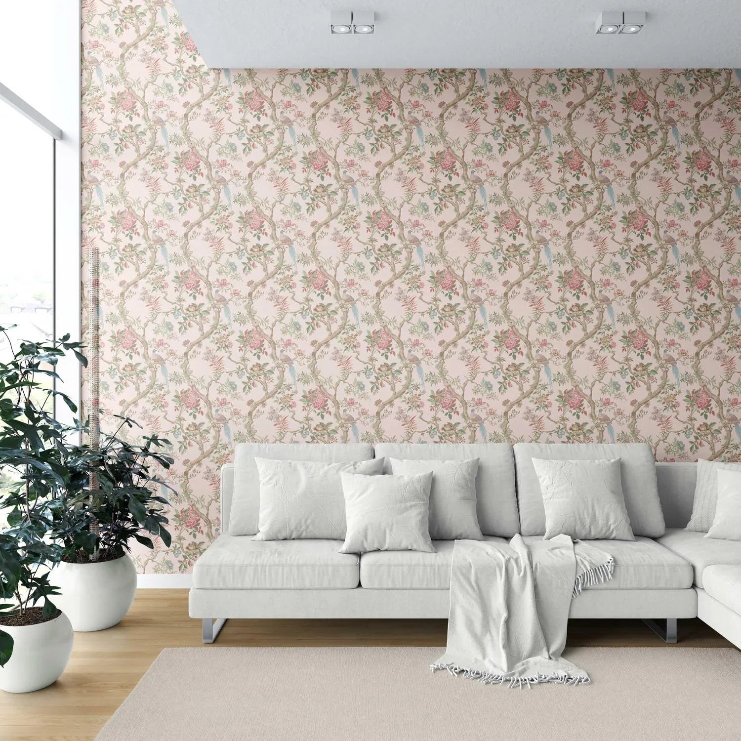 Floral/ Bird Print Chinoiserie Shower Toilet Wallpaper (Soft Pink/ Green/ Duck Egg Blue)
