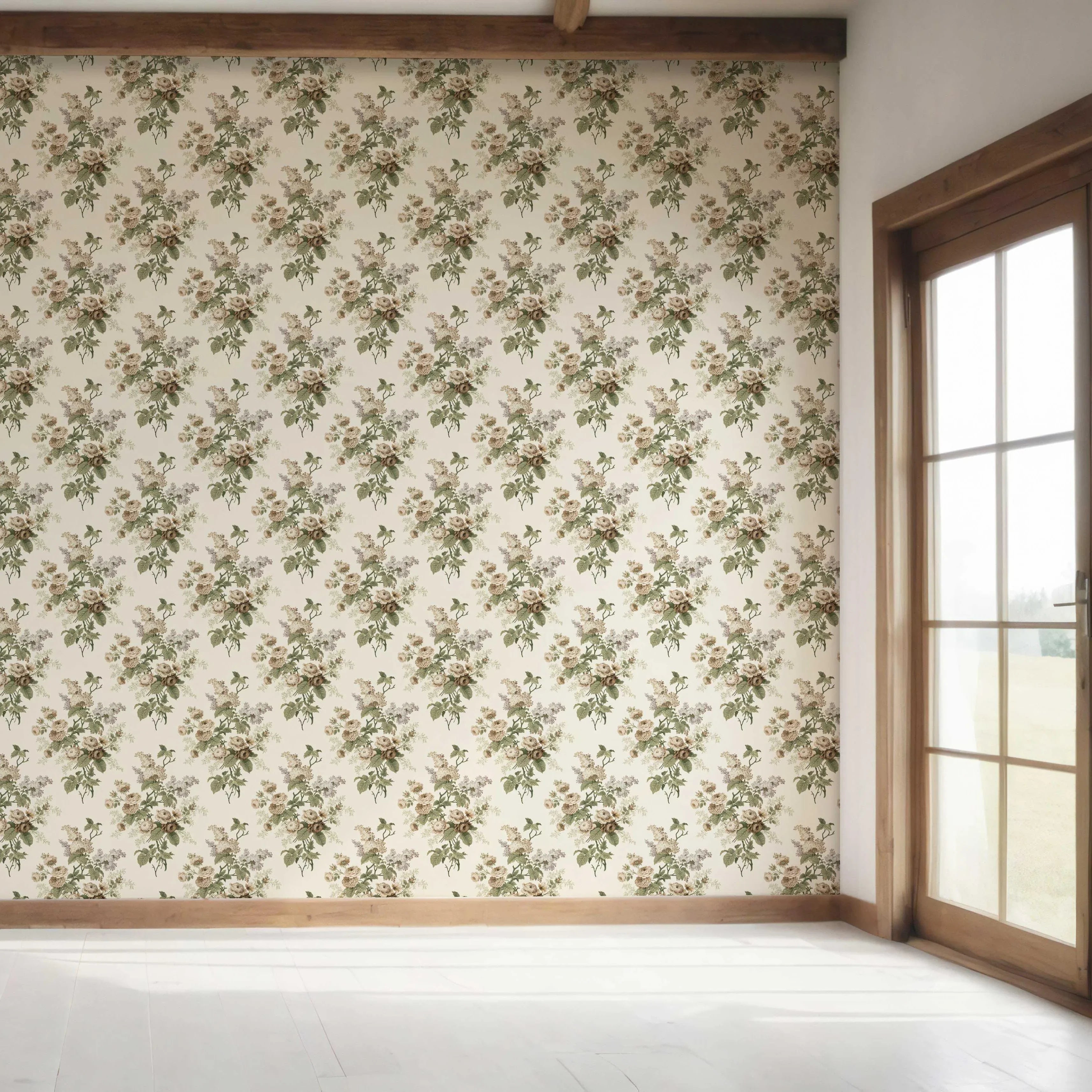 English Floral Print Bedroom Wallpaper Sample (Cream/ Beige/ Brown/ Green/ Gray)
