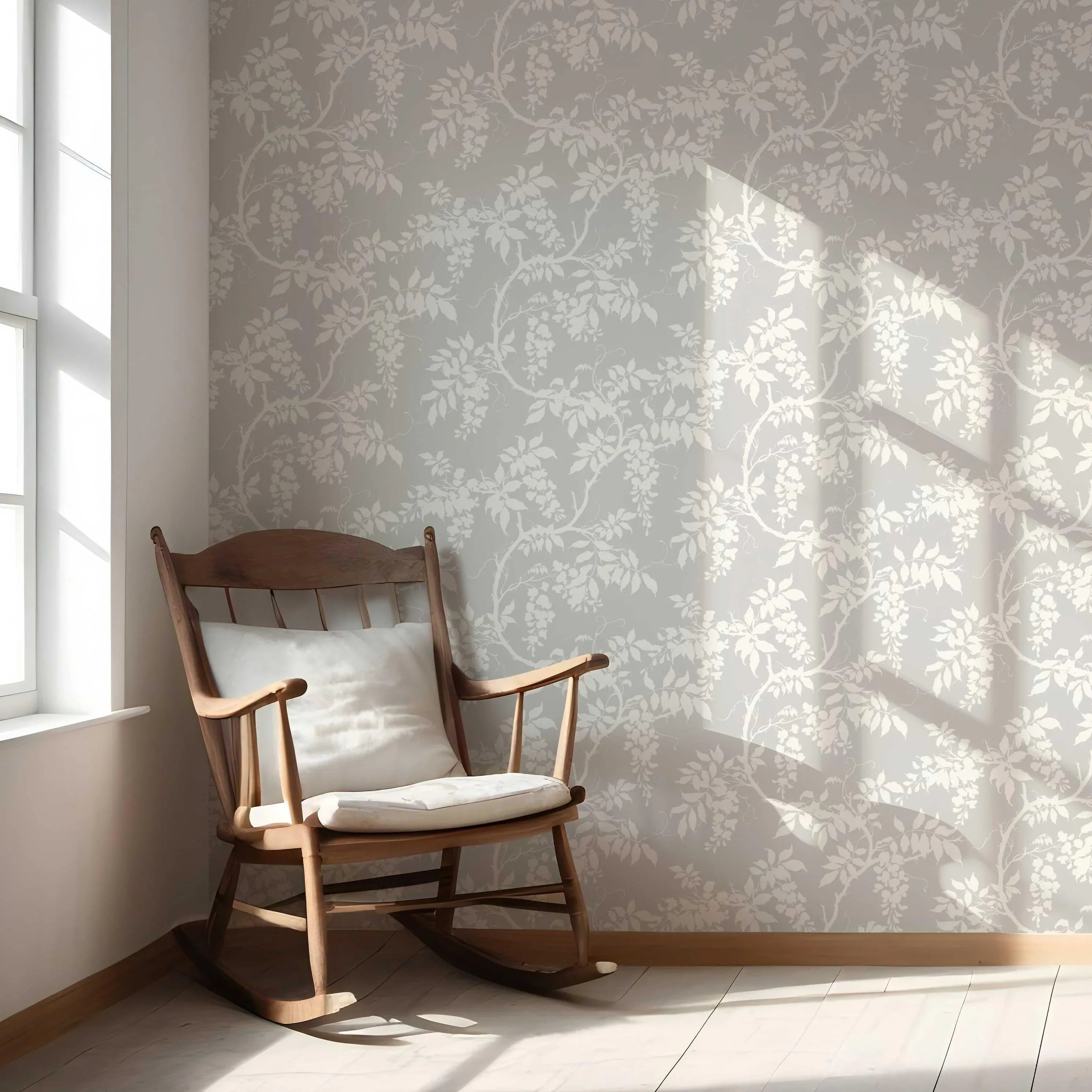 Neutral Floral Vine/ Botanical Nursery Wallpaper (Dove Grey/ Off-White)