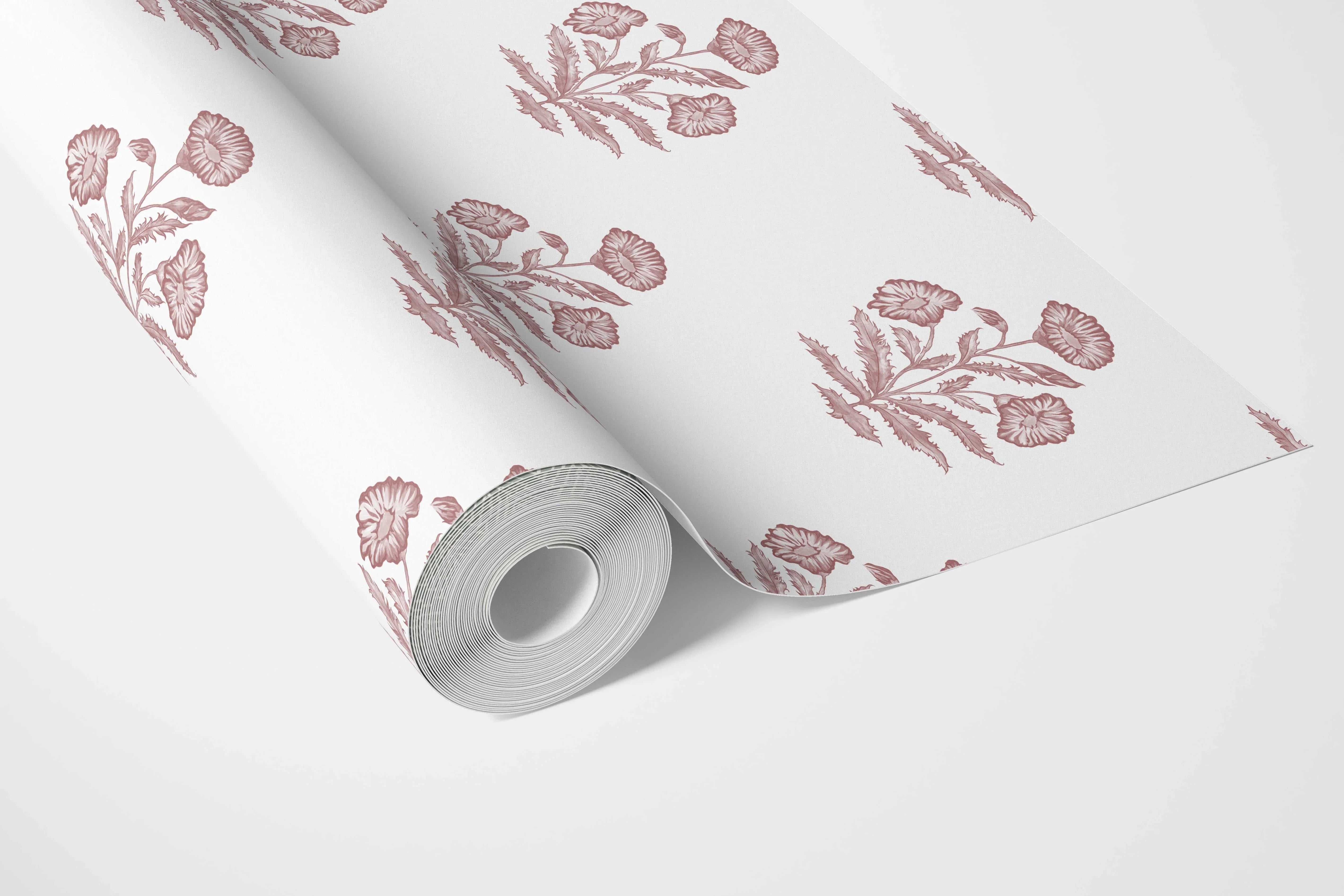 Floral Block Print Bathroom Wallpaper Sample (Pink/ White)
