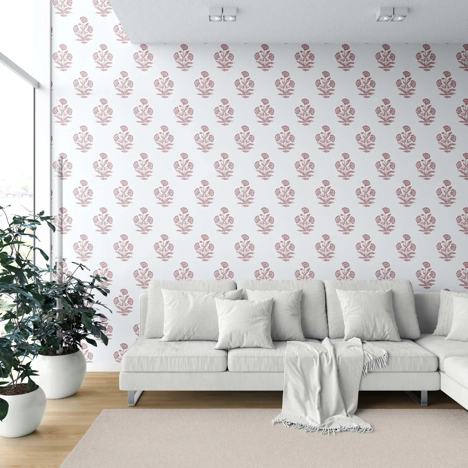 Floral Block Print Shower Toilet Wallpaper (Pink/ White)