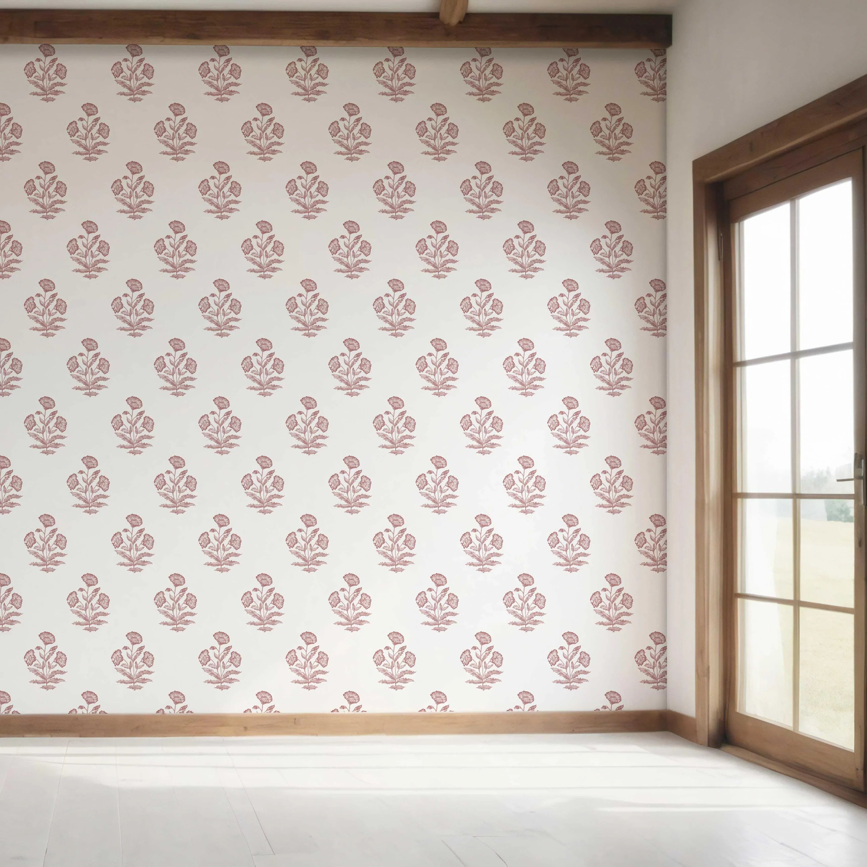 Floral Block Print Bedroom Wallpaper Sample (Pink/ White)