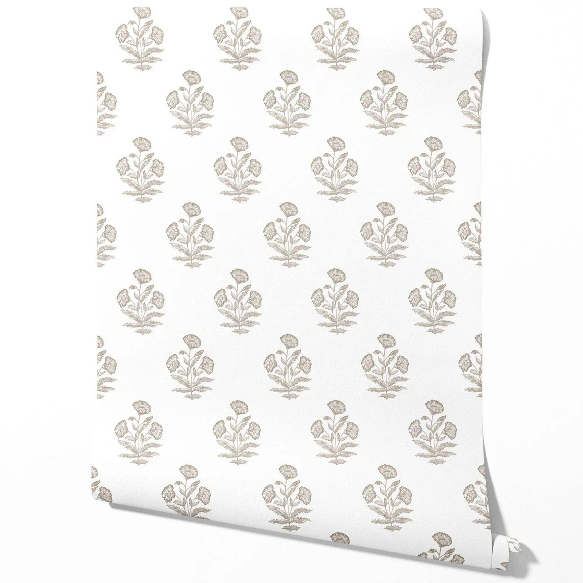 Neutral Floral Block Print Traditional Wallpaper (Greige/ Warm Gray/ White)