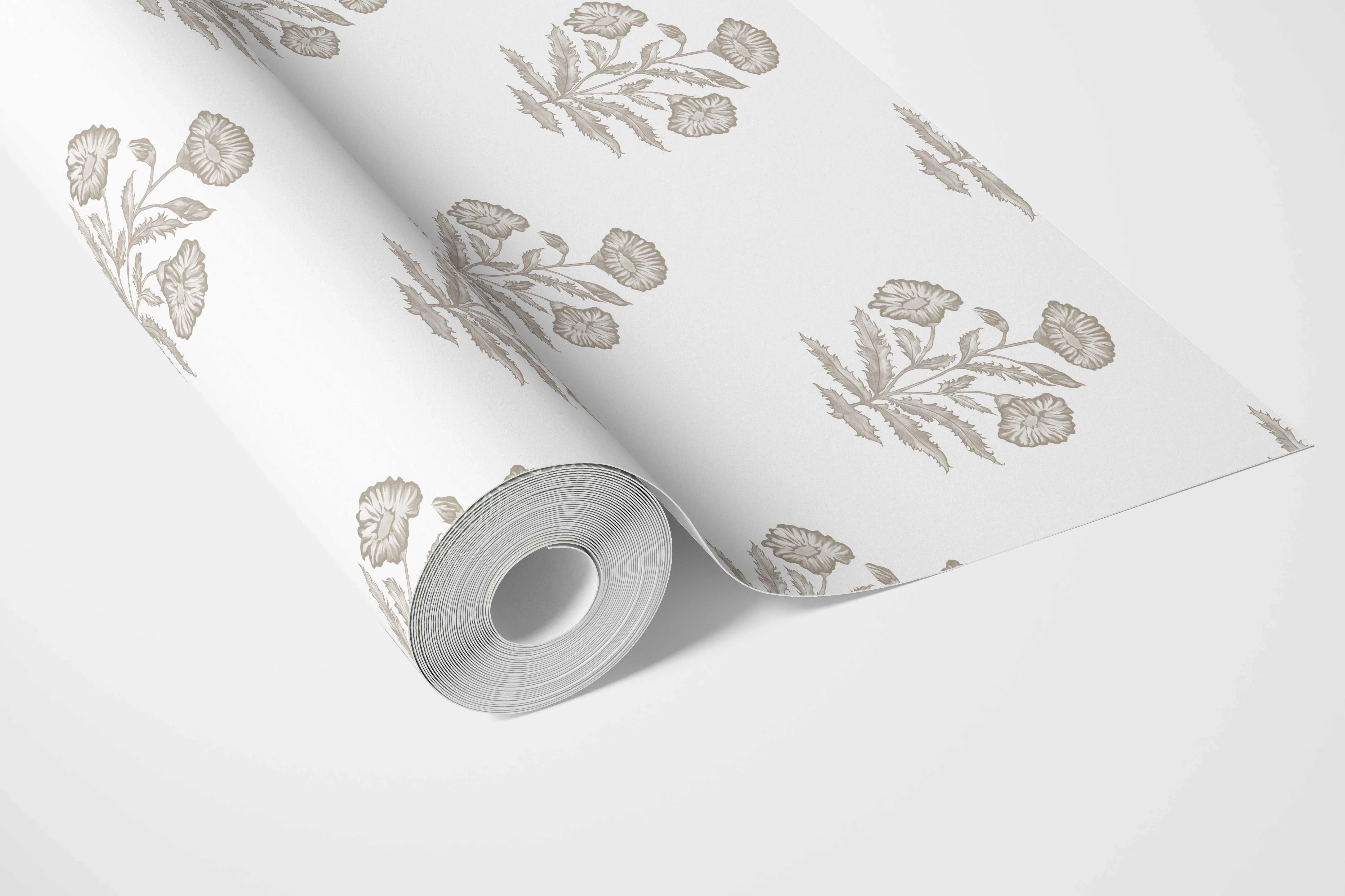 Neutral Floral Block Print Bathroom Wallpaper Sample (Greige/ Warm Gray/ White)
