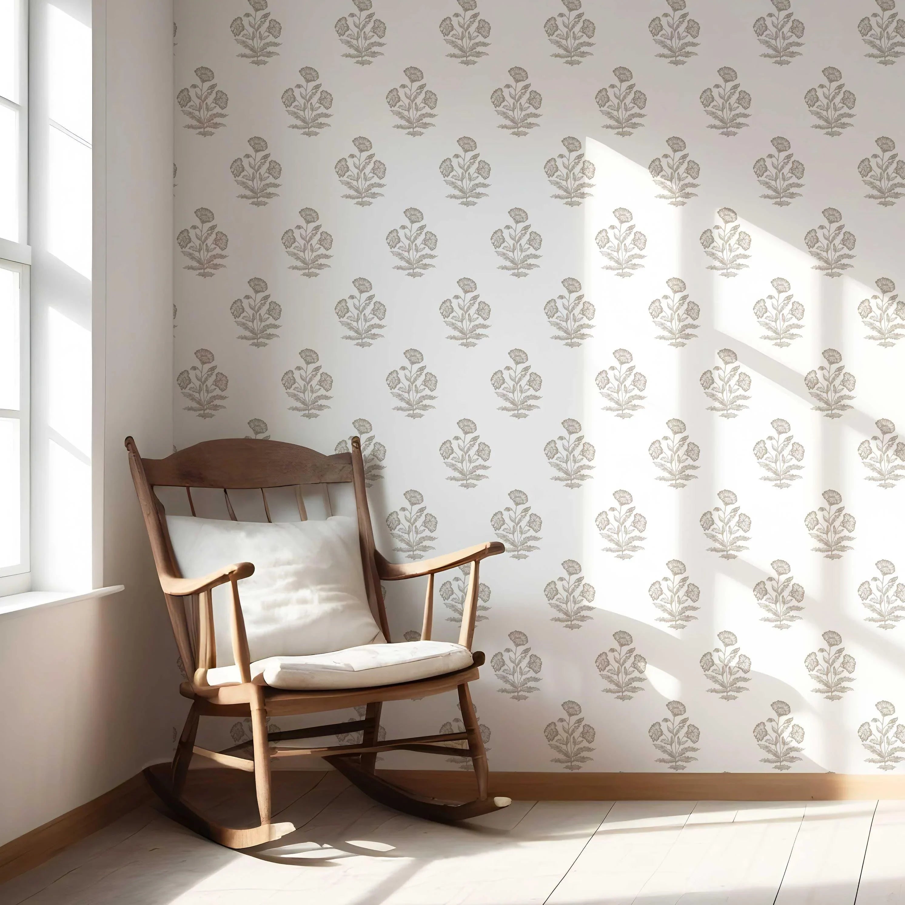 Neutral Floral Block Print Nursery Wallpaper (Greige/ Warm Gray/ White)