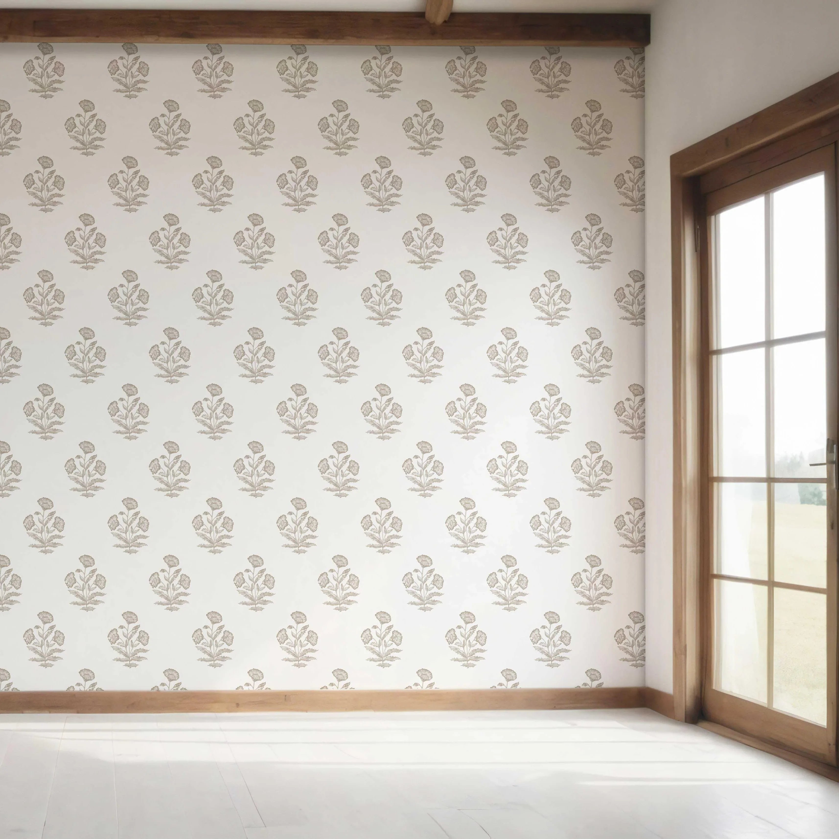 Neutral Floral Block Print Bedroom Wallpaper (Greige/ Warm Gray/ White)