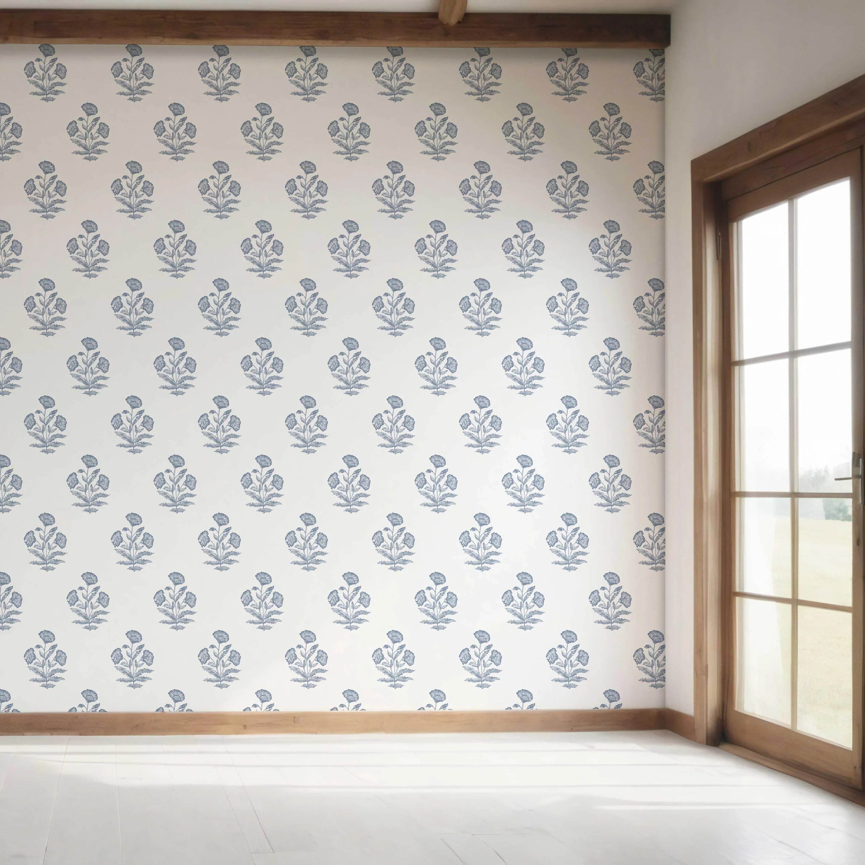 Floral Block Print Bedroom Wallpaper (Slate Blue/ White)
