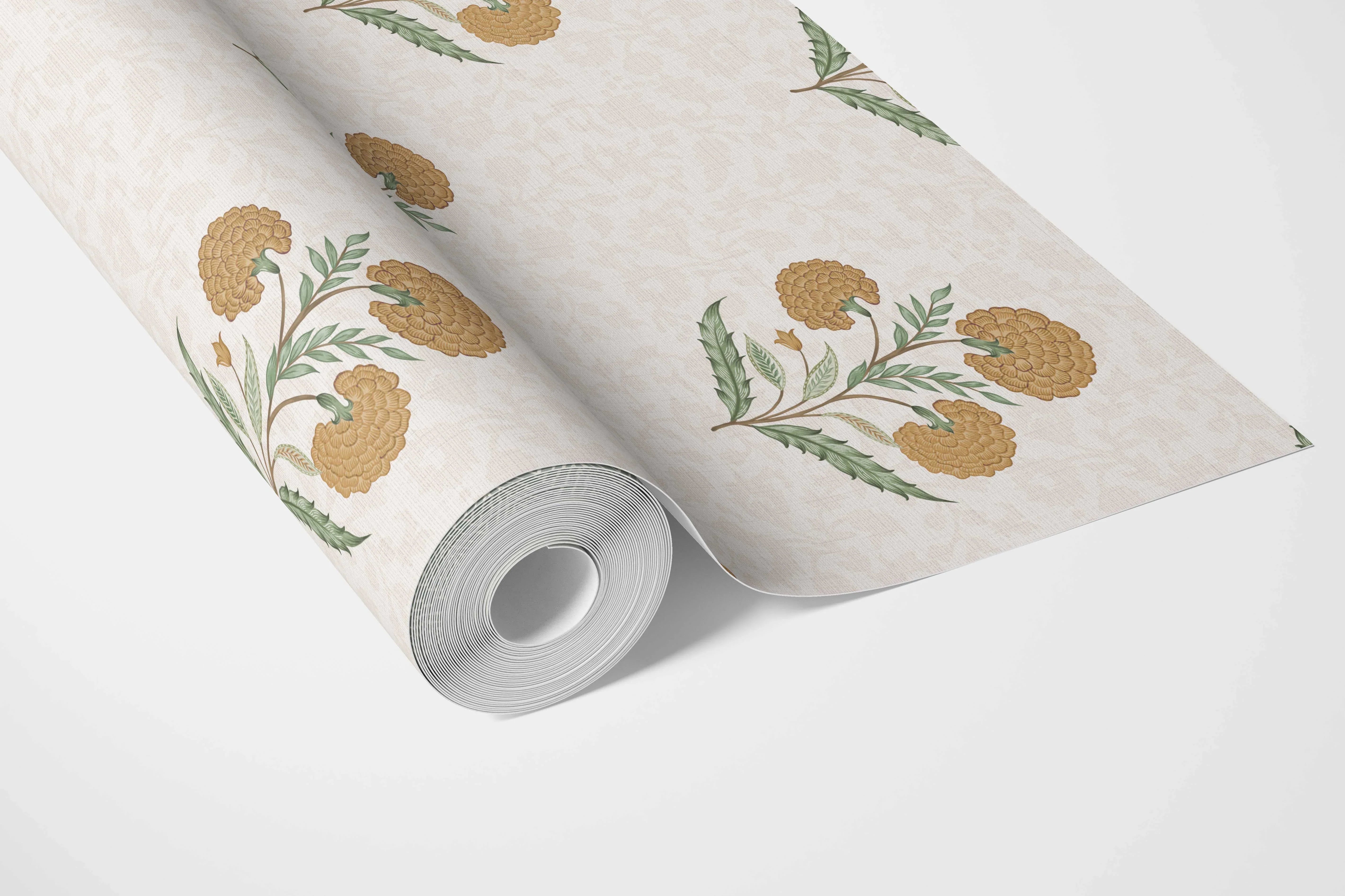 Floral Block Print Bathroom Wallpaper Sample (Ochre Yellow/ Green)