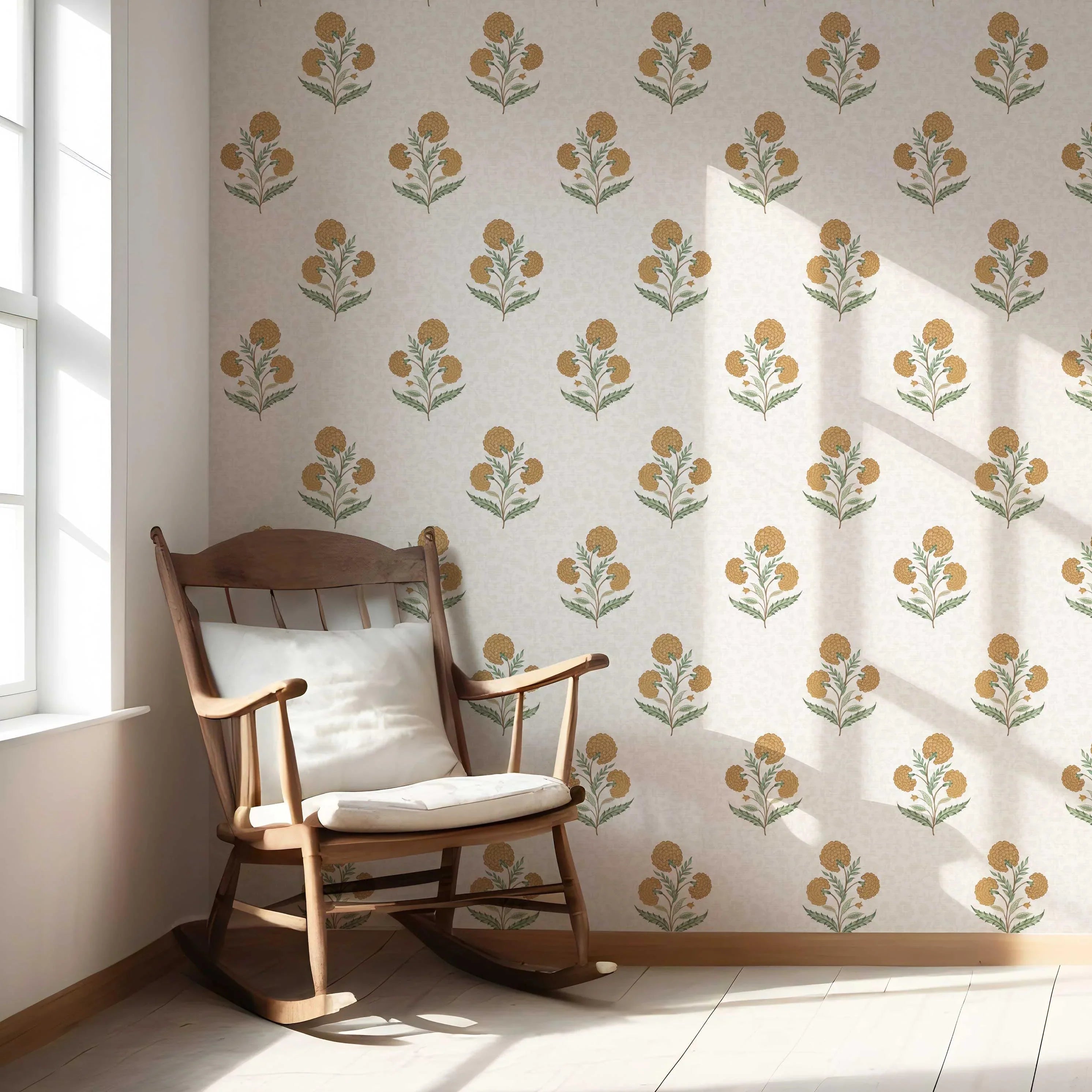 Floral Block Print Nursery Wallpaper Sample (Ochre Yellow/ Green)