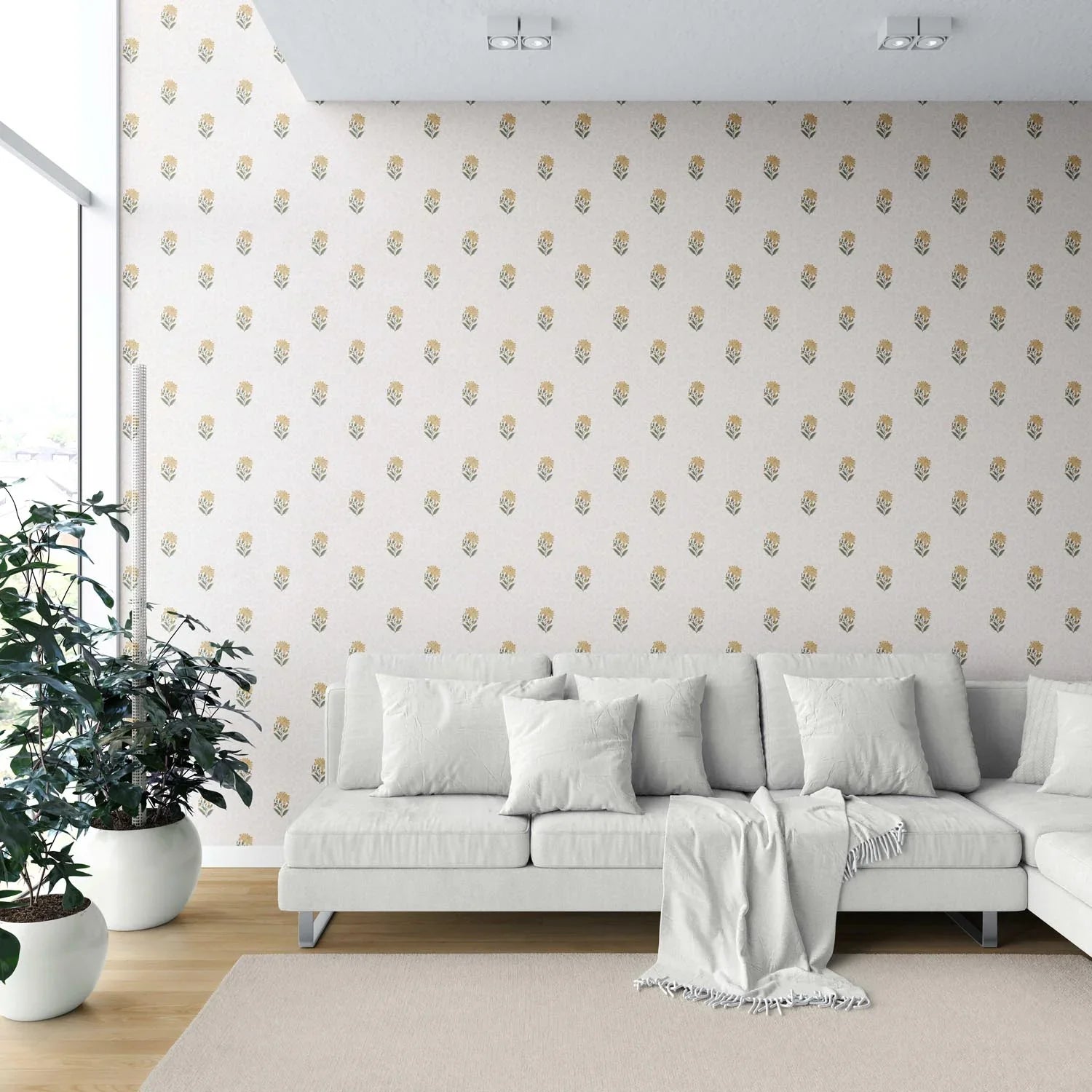 Botanical/ Floral Block Print Shower Toilet Wallpaper Sample (Yellow/ Green/ Taupe)