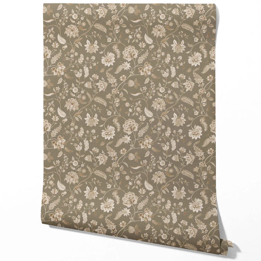 Floral/ Botanical Patterned Traditional Wallpaper (Olive Green/ Brown/ Beige)