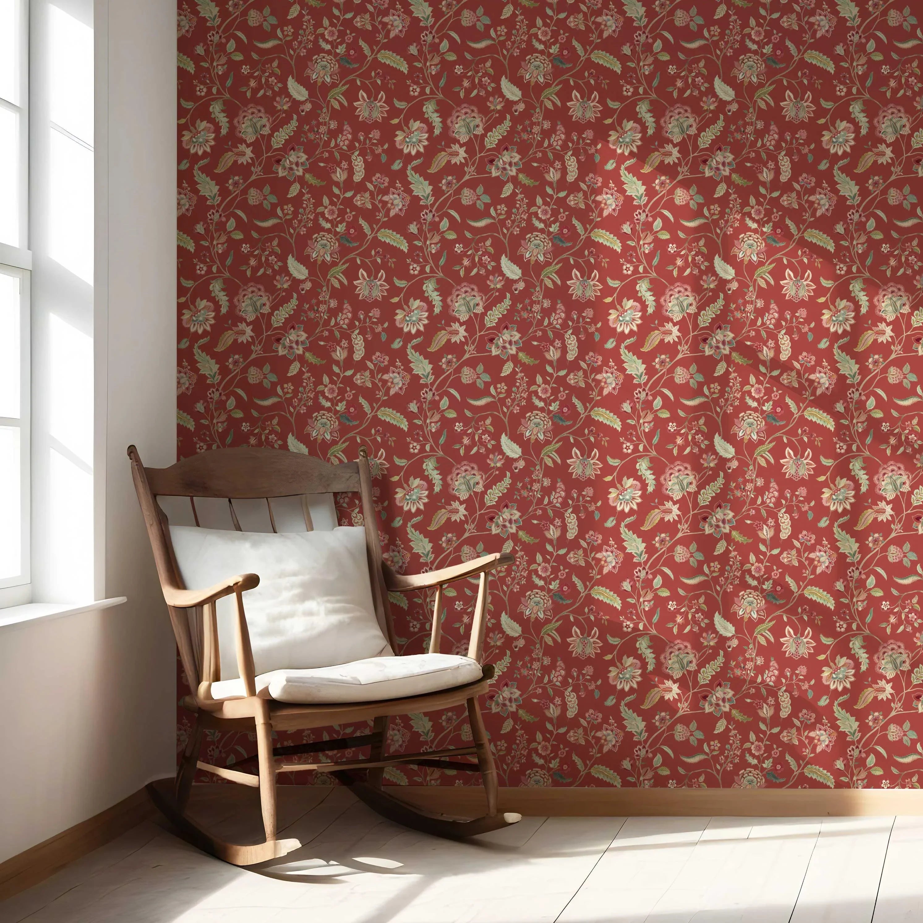 Floral/ Botanical Patterned Nursery Wallpaper Sample (Deep Red/ Green)