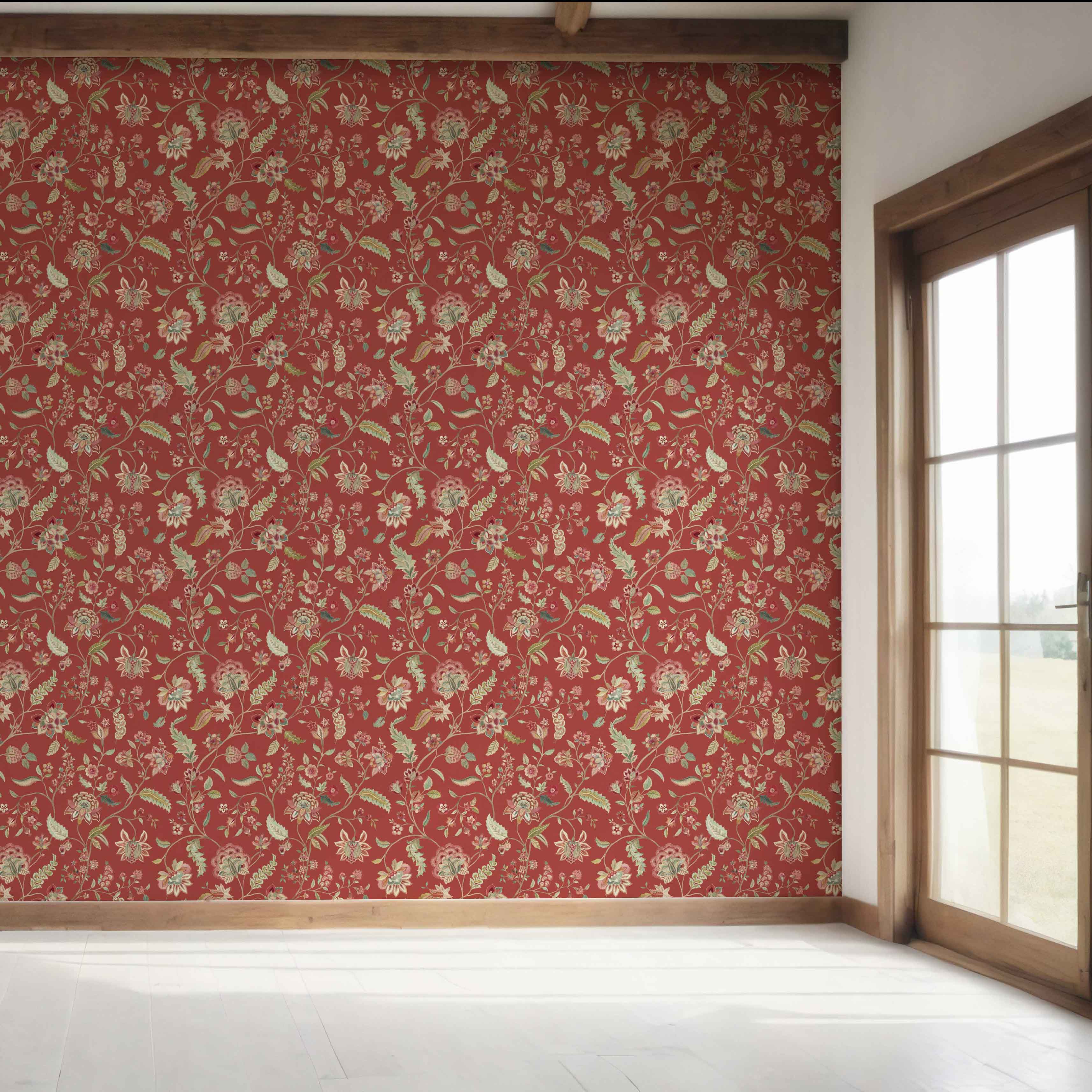 Floral/ Botanical Patterned Bedroom Wallpaper Sample (Deep Red/ Green)