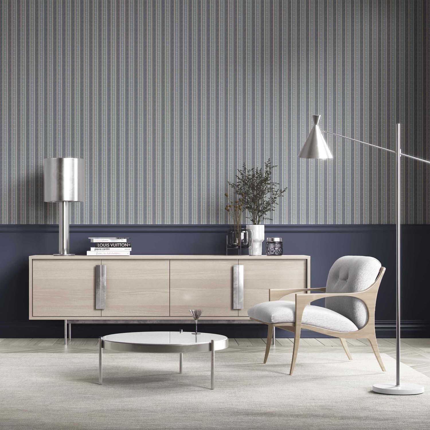 Geometric Striped Living Room Wallpaper Sample (Navy Blue/ Steel Gray)