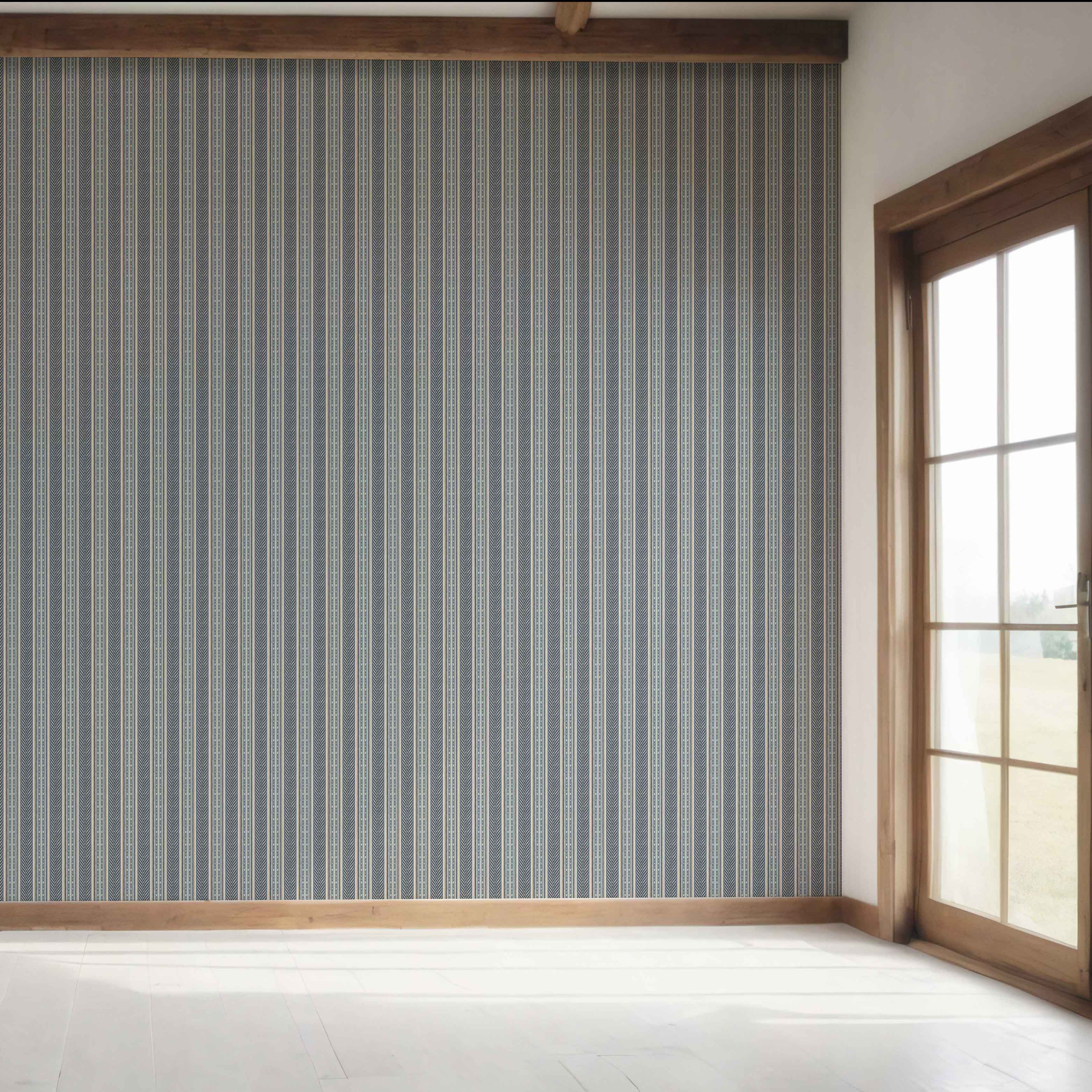 Geometric Striped Bedroom Wallpaper Sample (Navy Blue/ Steel Gray)