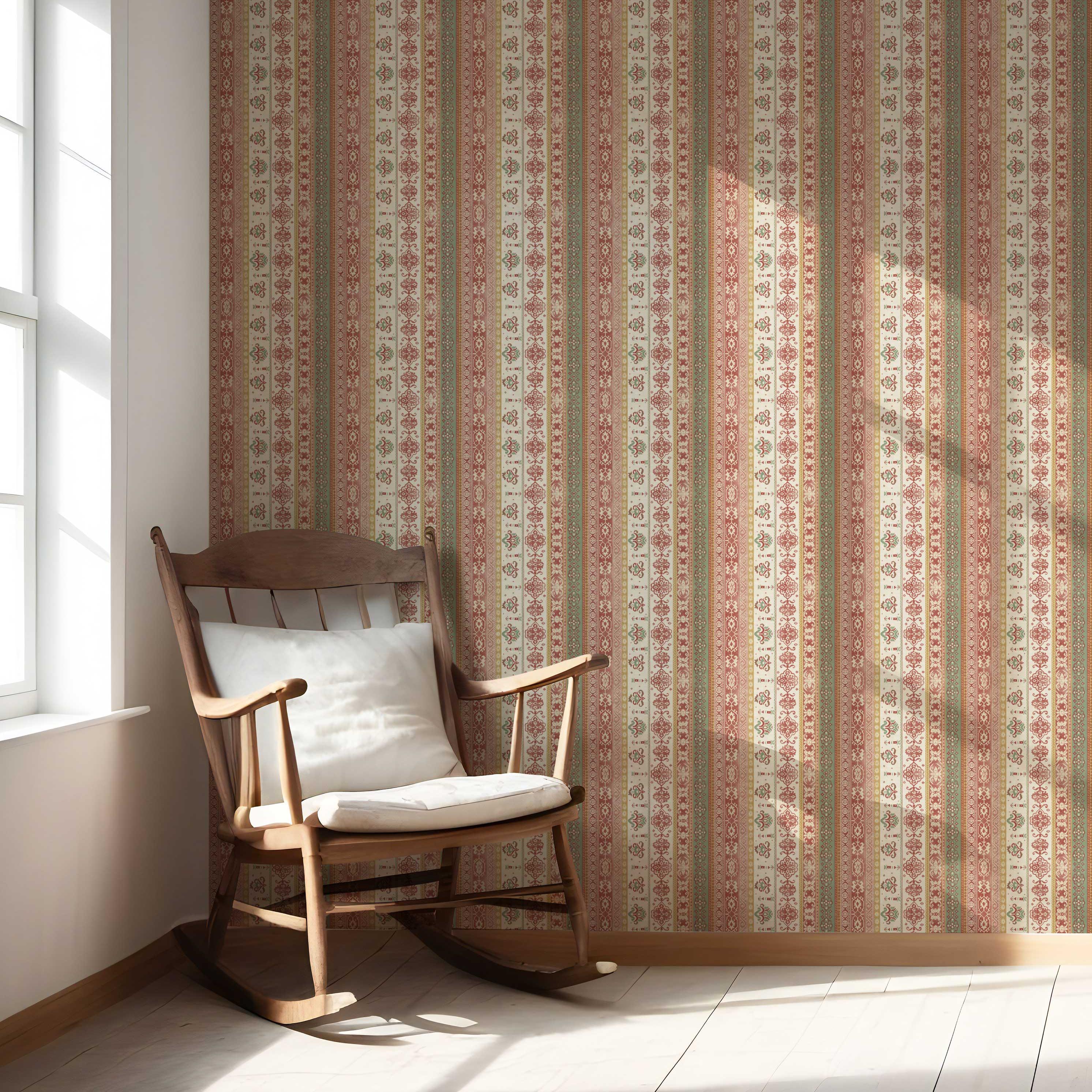Vintage Bohemian Striped Nursery Wallpaper Sample (Red/ Orange/ Green/ Yellow/ Brown)