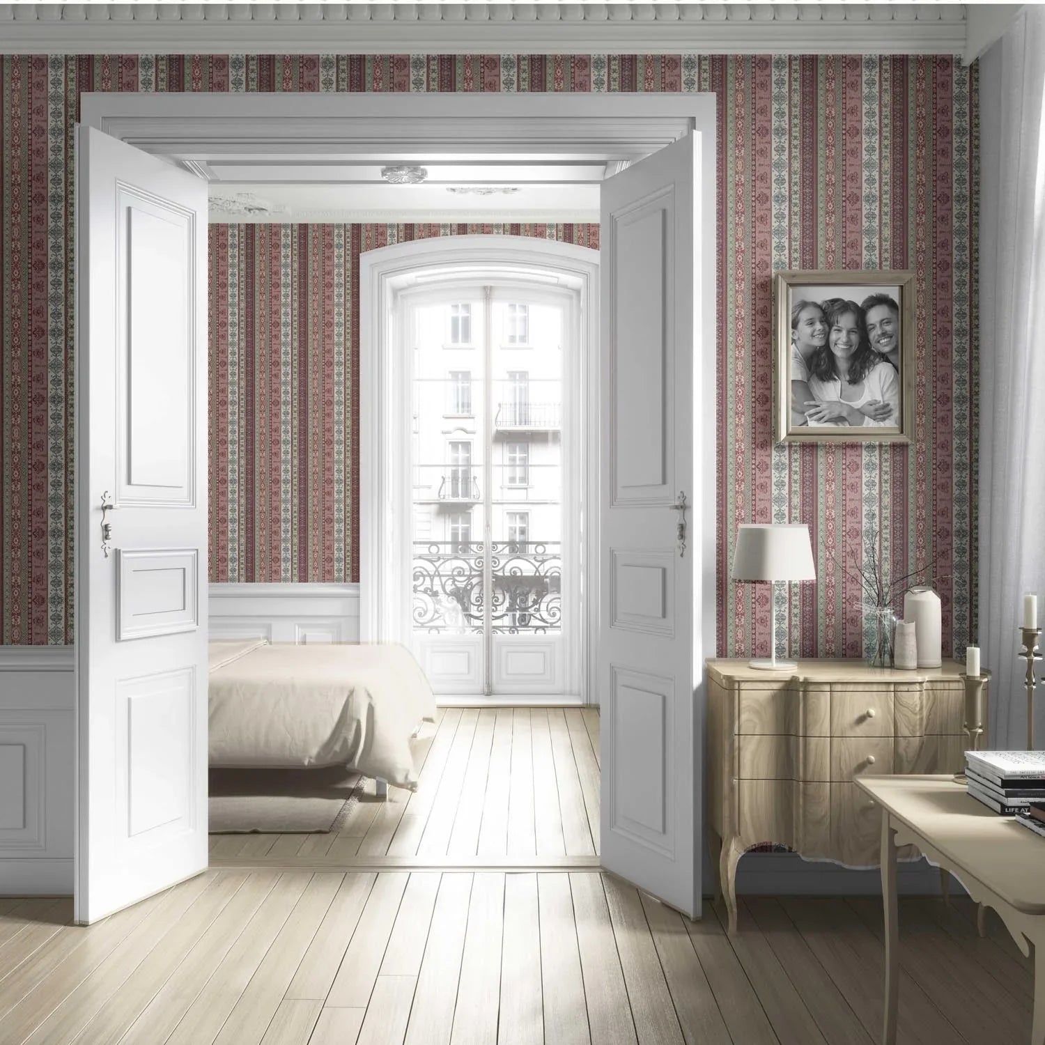 Vintage Bohemian Striped Living Room Wallpaper Sample (Purple/ Pink/ Mauve/ Sage Green)