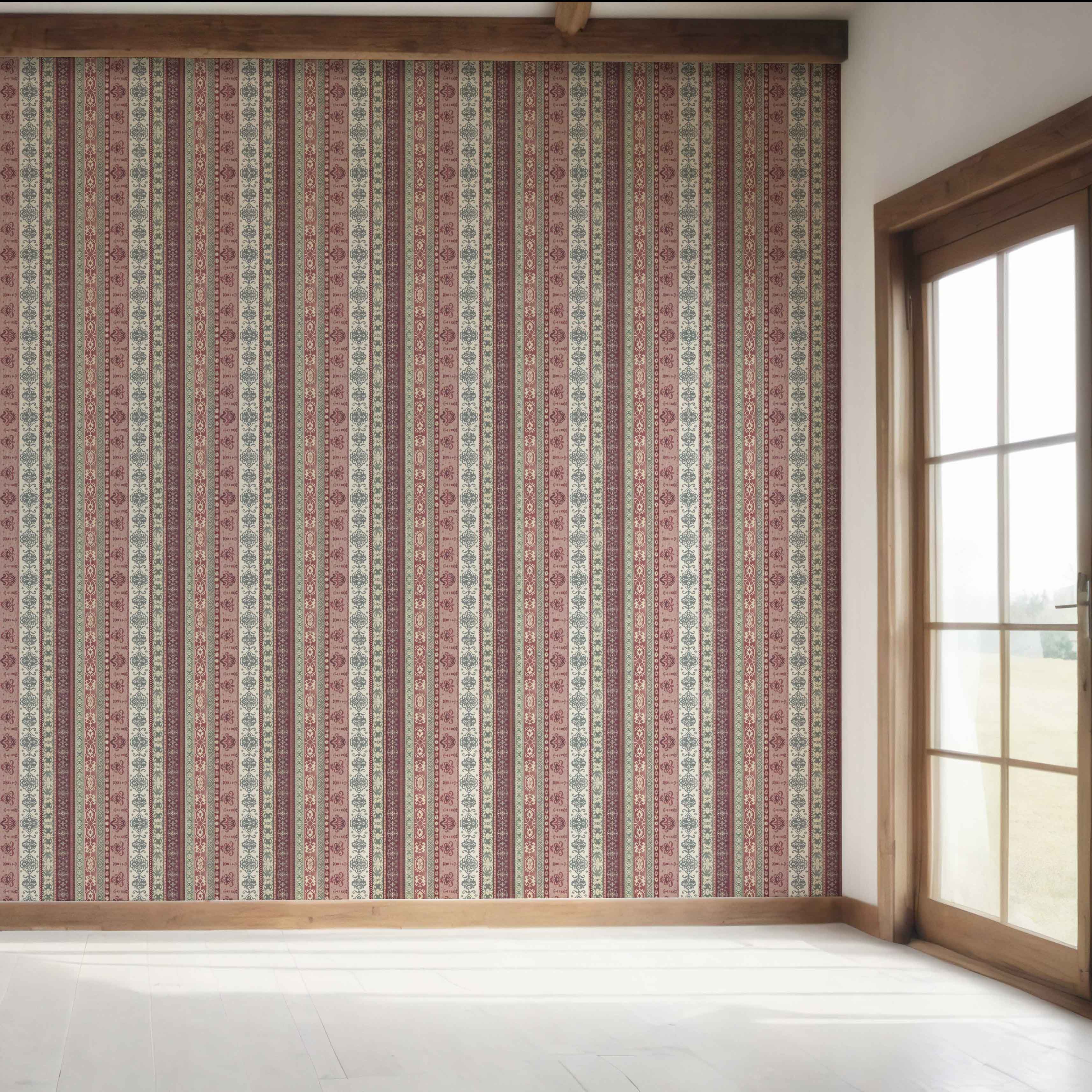 Vintage Bohemian Striped Bedroom Wallpaper Sample (Purple/ Pink/ Mauve/ Sage Green)