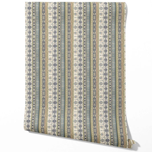 Vintage Bohemian Striped Traditional Wallpaper (Navy Blue/ Olive Green/ Gray/ Brown)