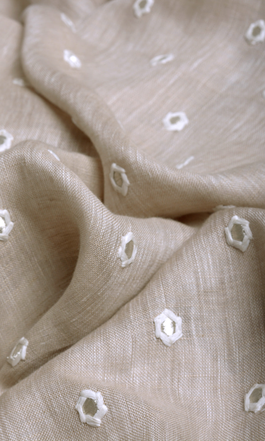 Sheer Embroidered Linen Home Textile Fabric Material Sample (Beige)