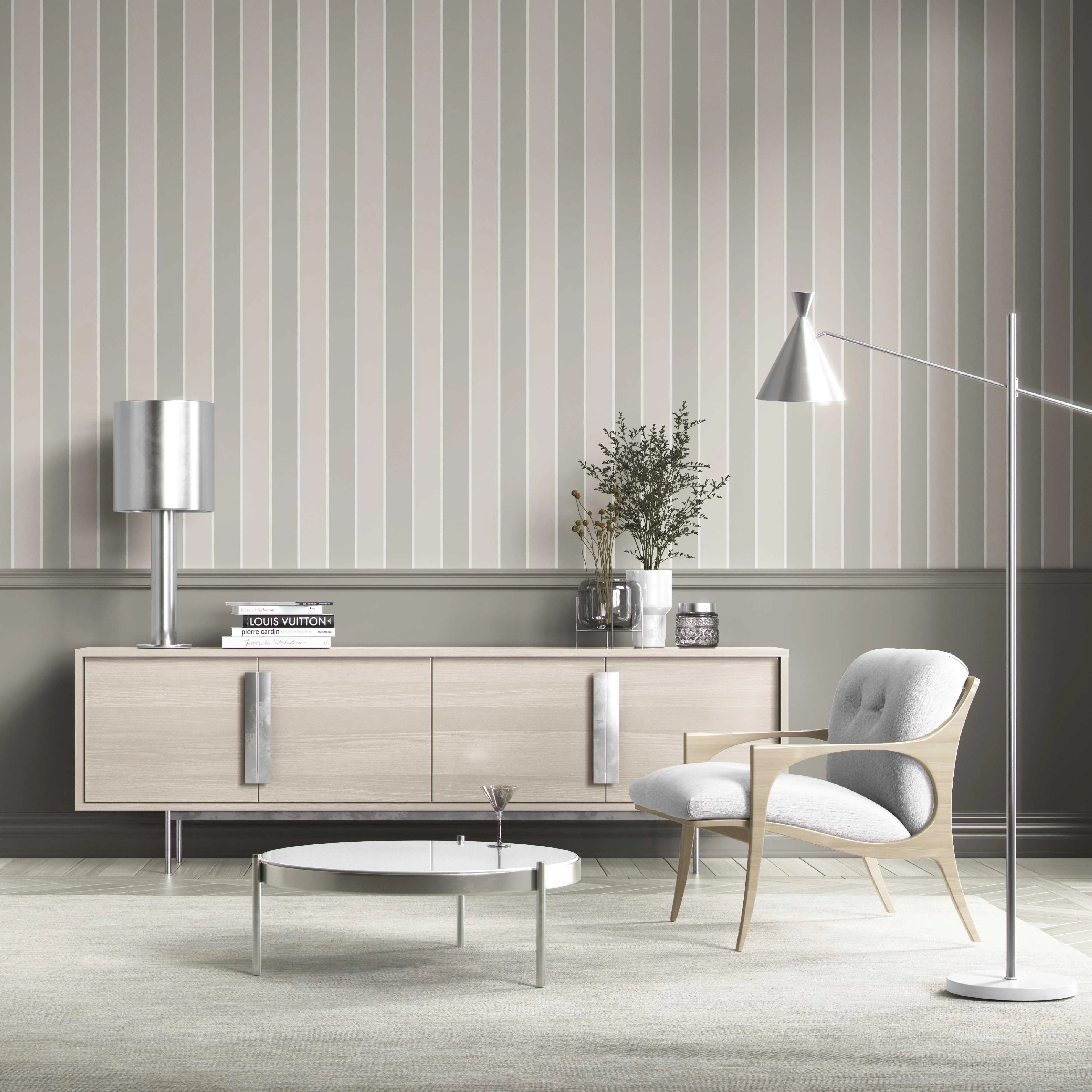 Neutral Geometric Striped Kitchen Wallpaper (Grey/ Beige/ Taupe)