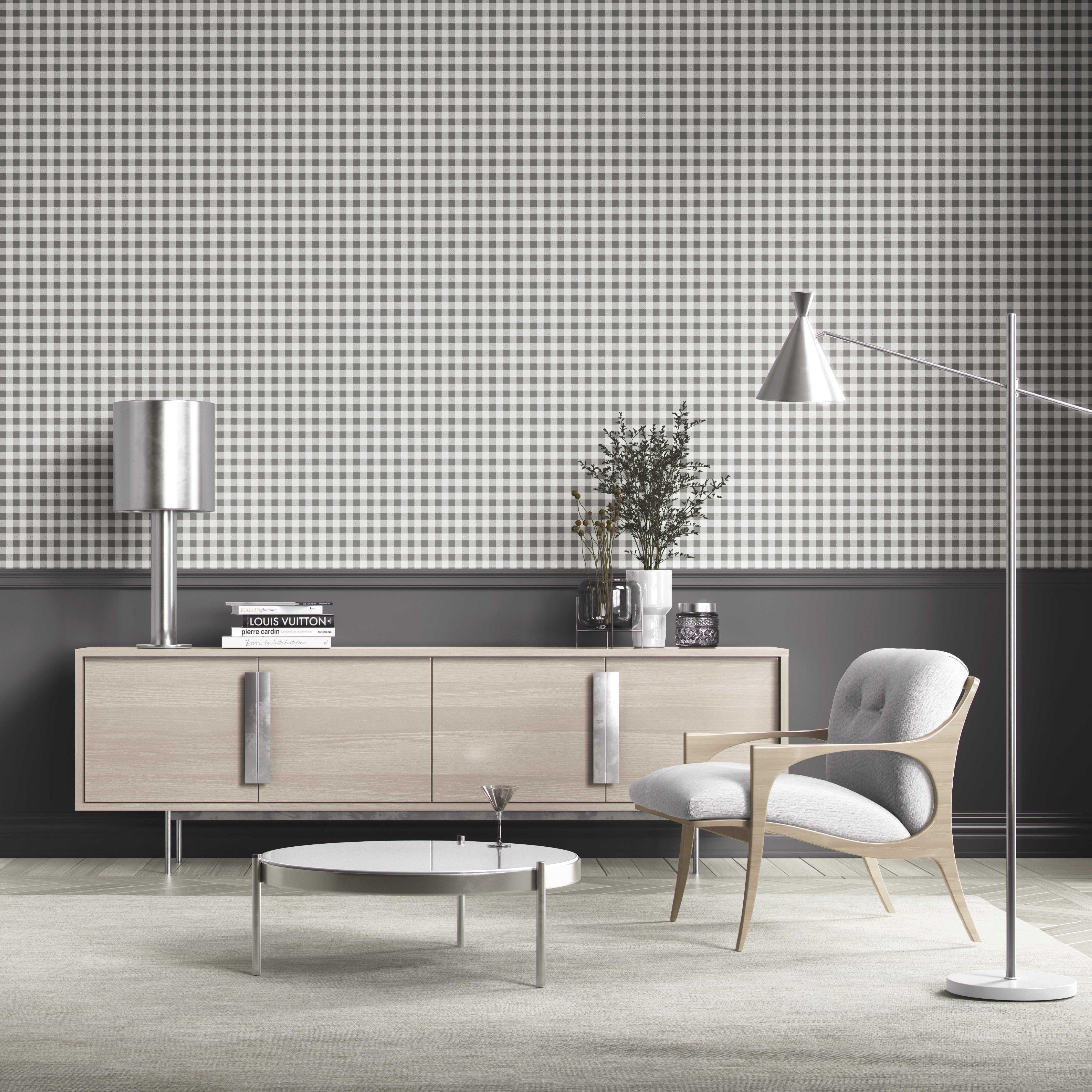 Neutral Gingham Checkered Kitchen Wallpaper (Grey)