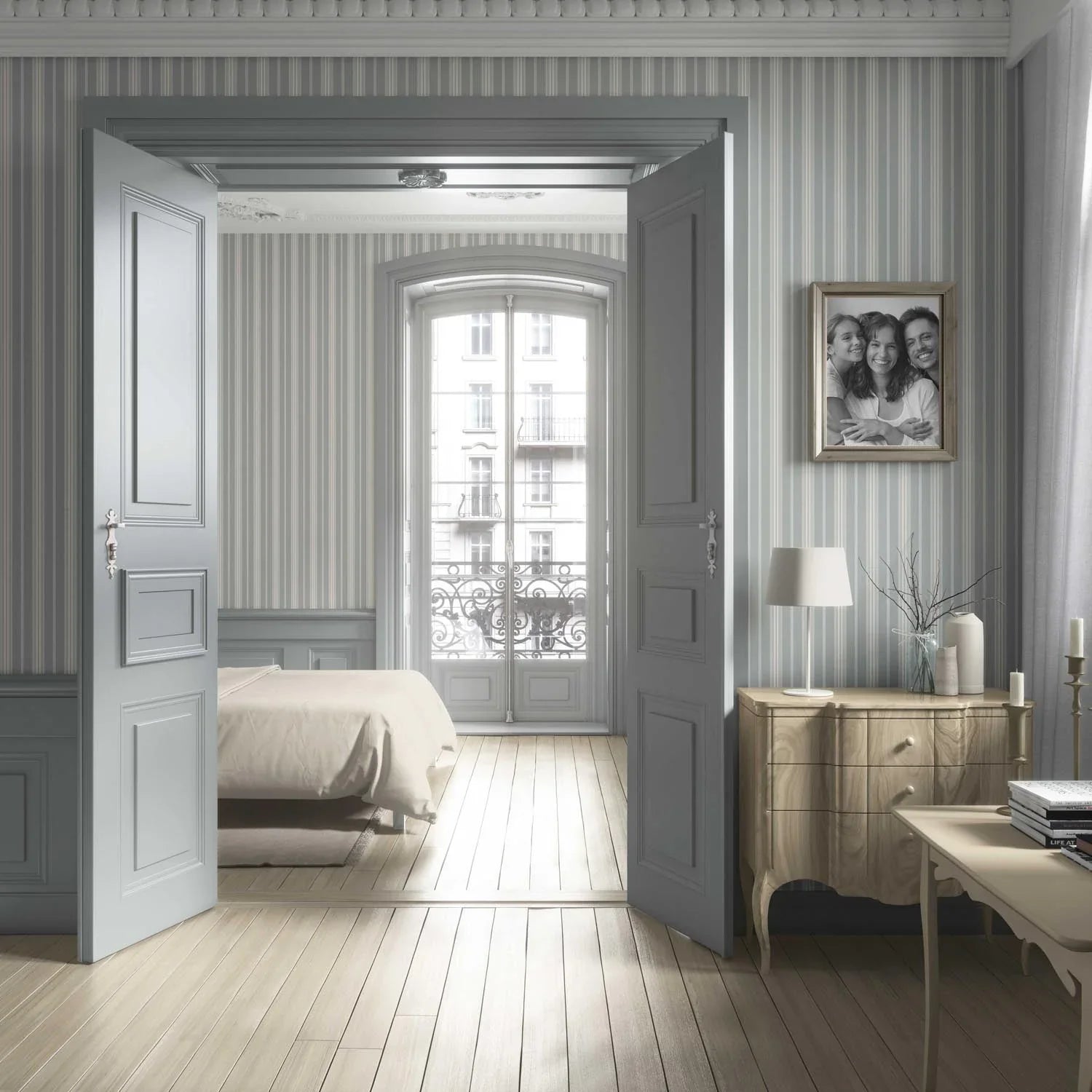 Neutral Geometric Striped Bathroom Wallpaper Sample (Grey)
