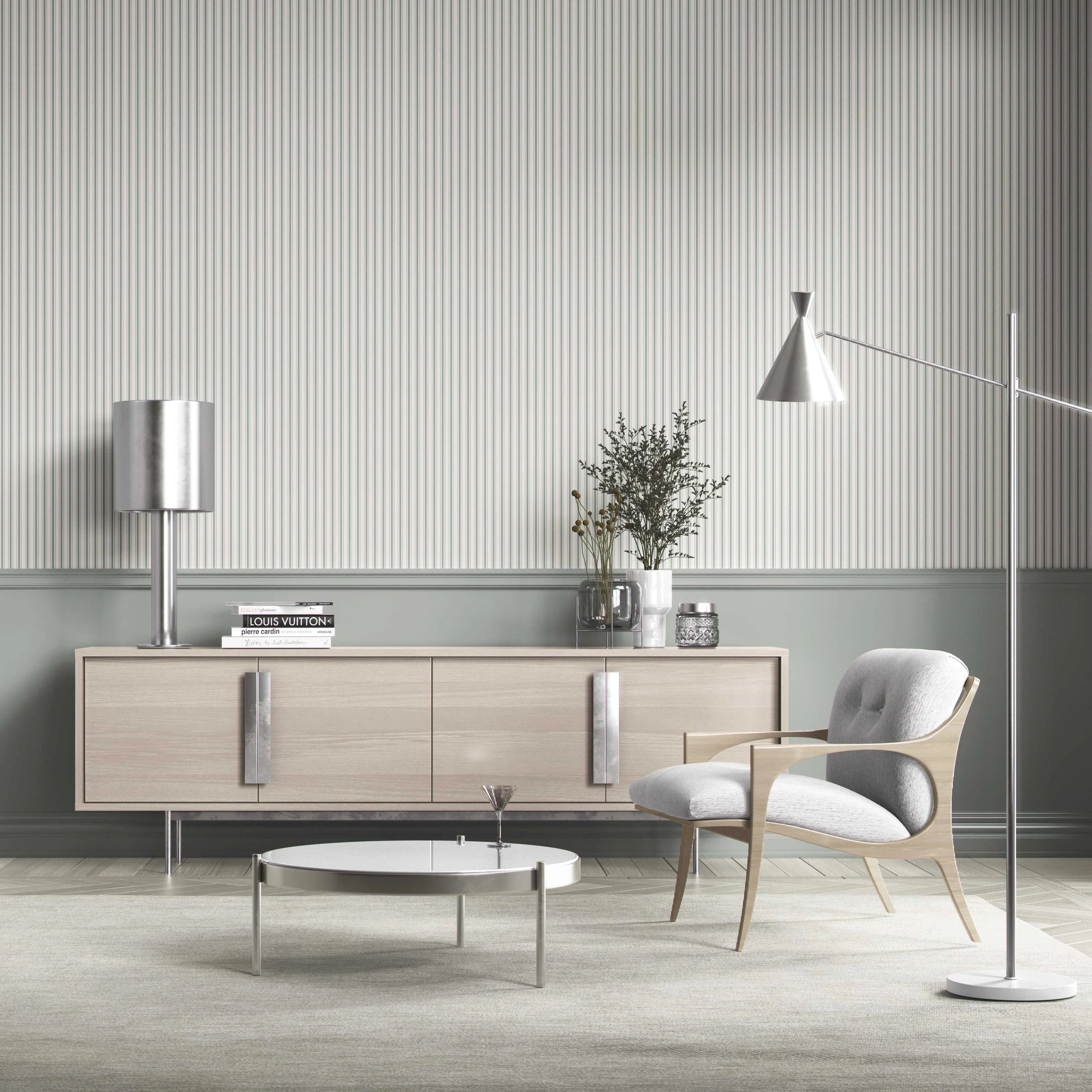 Neutral Geometric Striped Bathroom Wallpaper (Green-Grey)