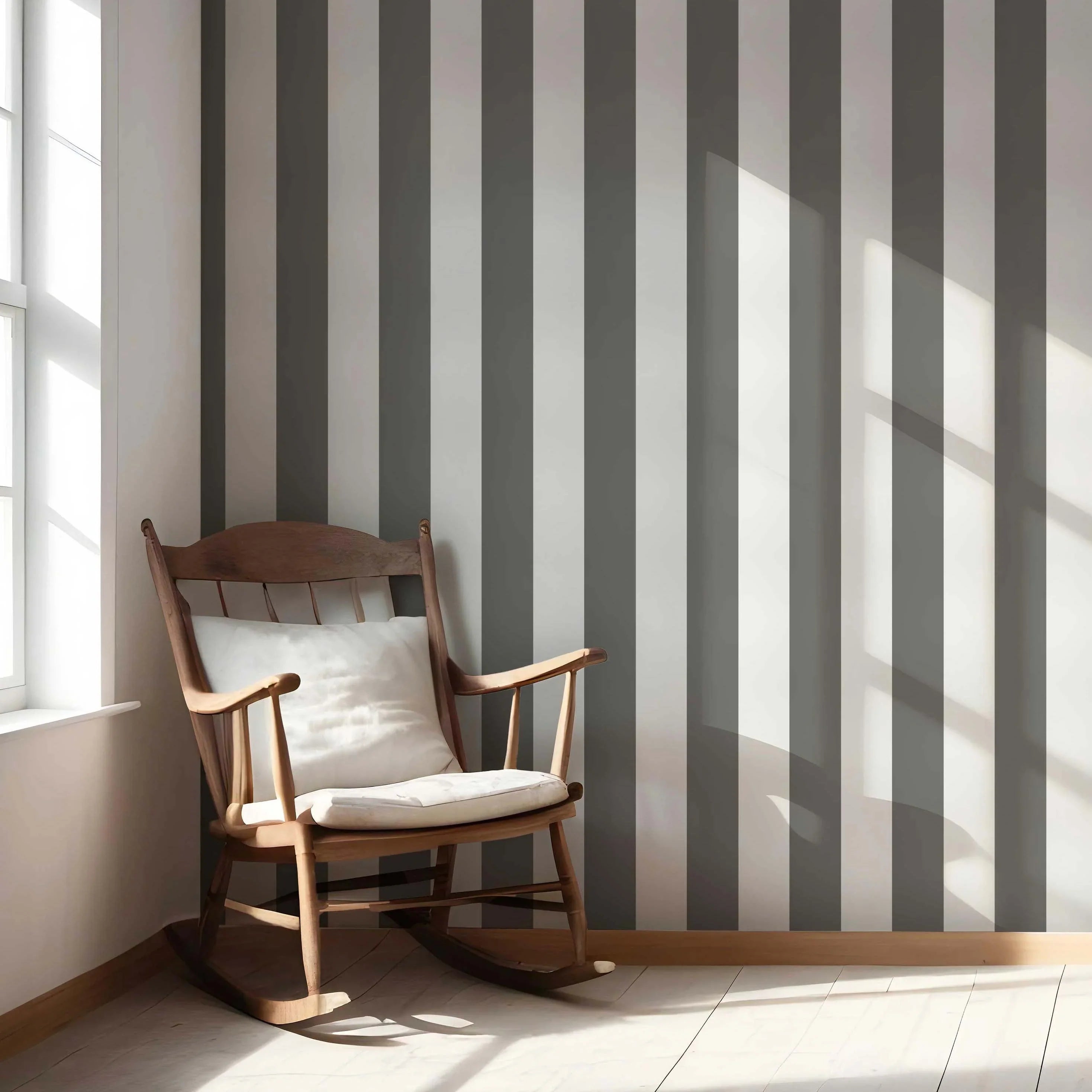 Neutral Geometric Striped Nursery Wallpaper (Dark Grey/ White)