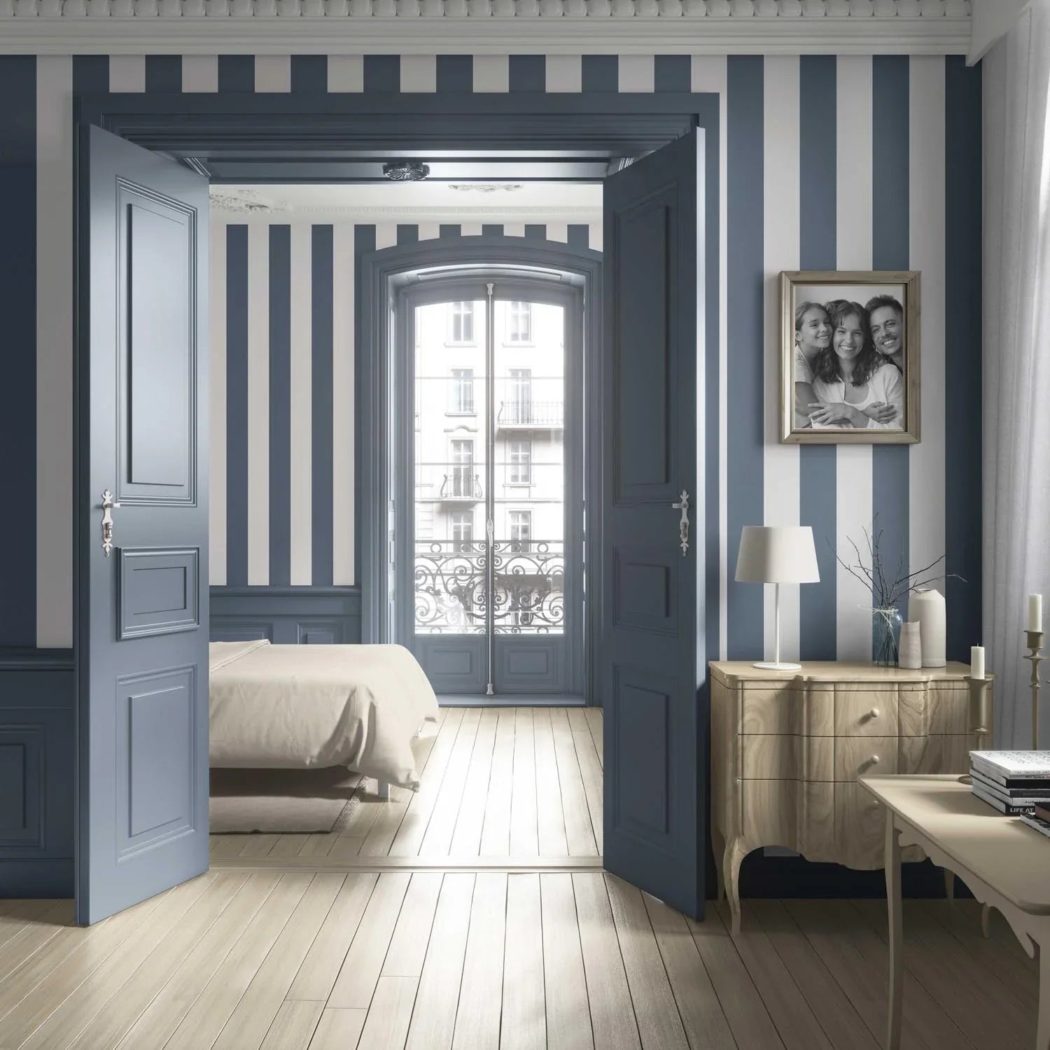 Neutral Geometric Striped Living Room Wallpaper Sample (Slate Blue/ White)