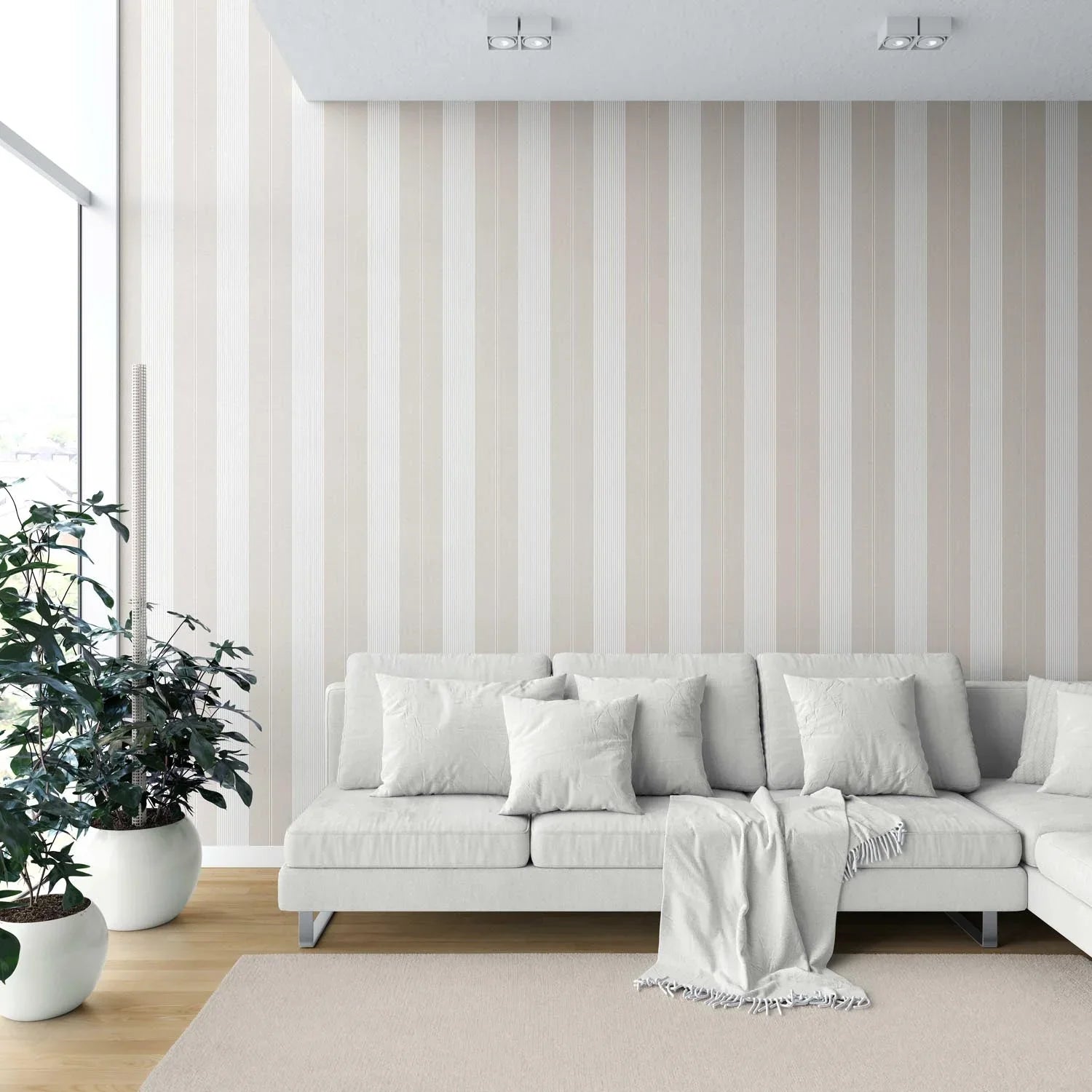 Neutral Geometric Striped Shower Toilet Wallpaper Sample (Beige/ Greige/ Warm Grey)