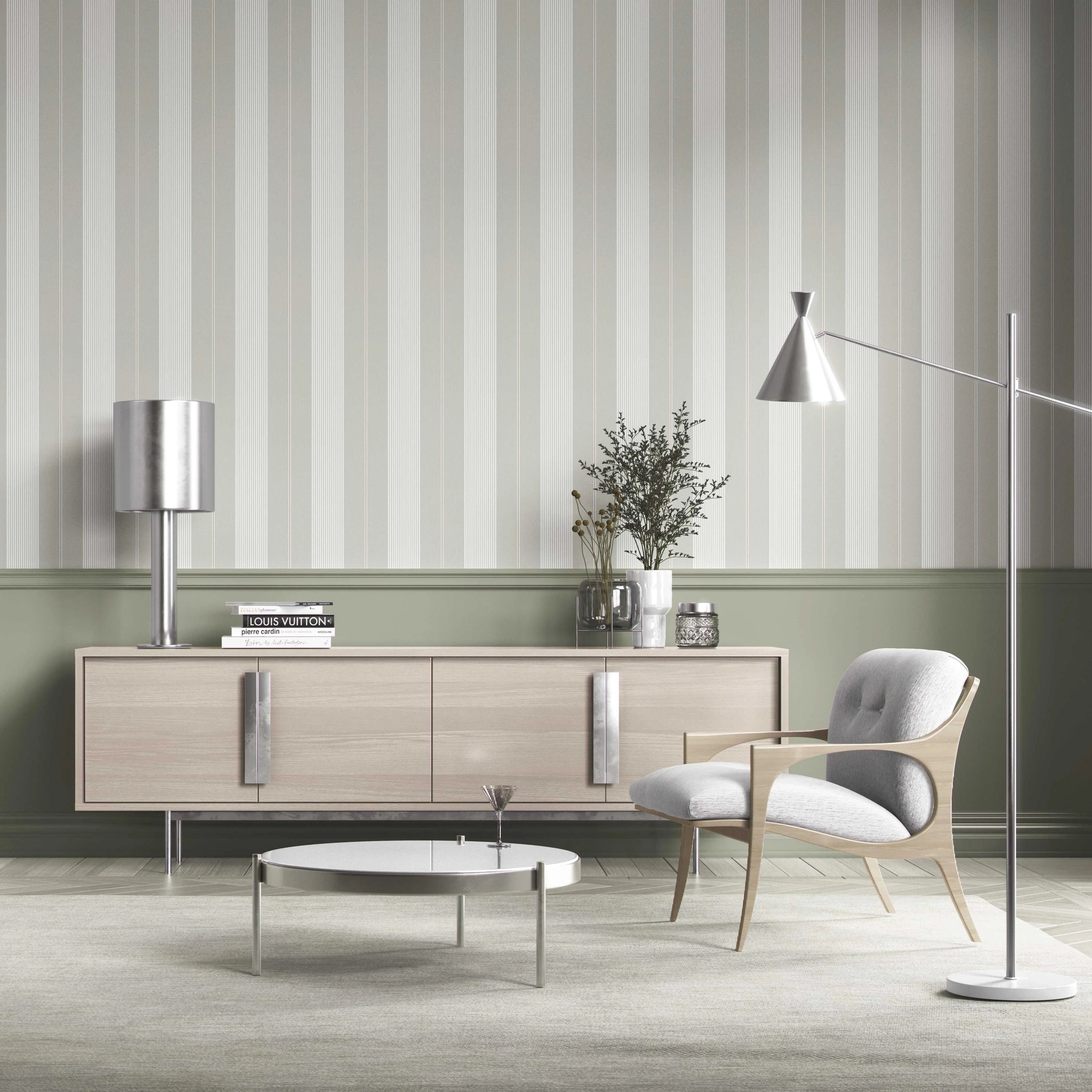 Neutral Geometric Striped Kitchen Wallpaper Sample (Grey-Green)