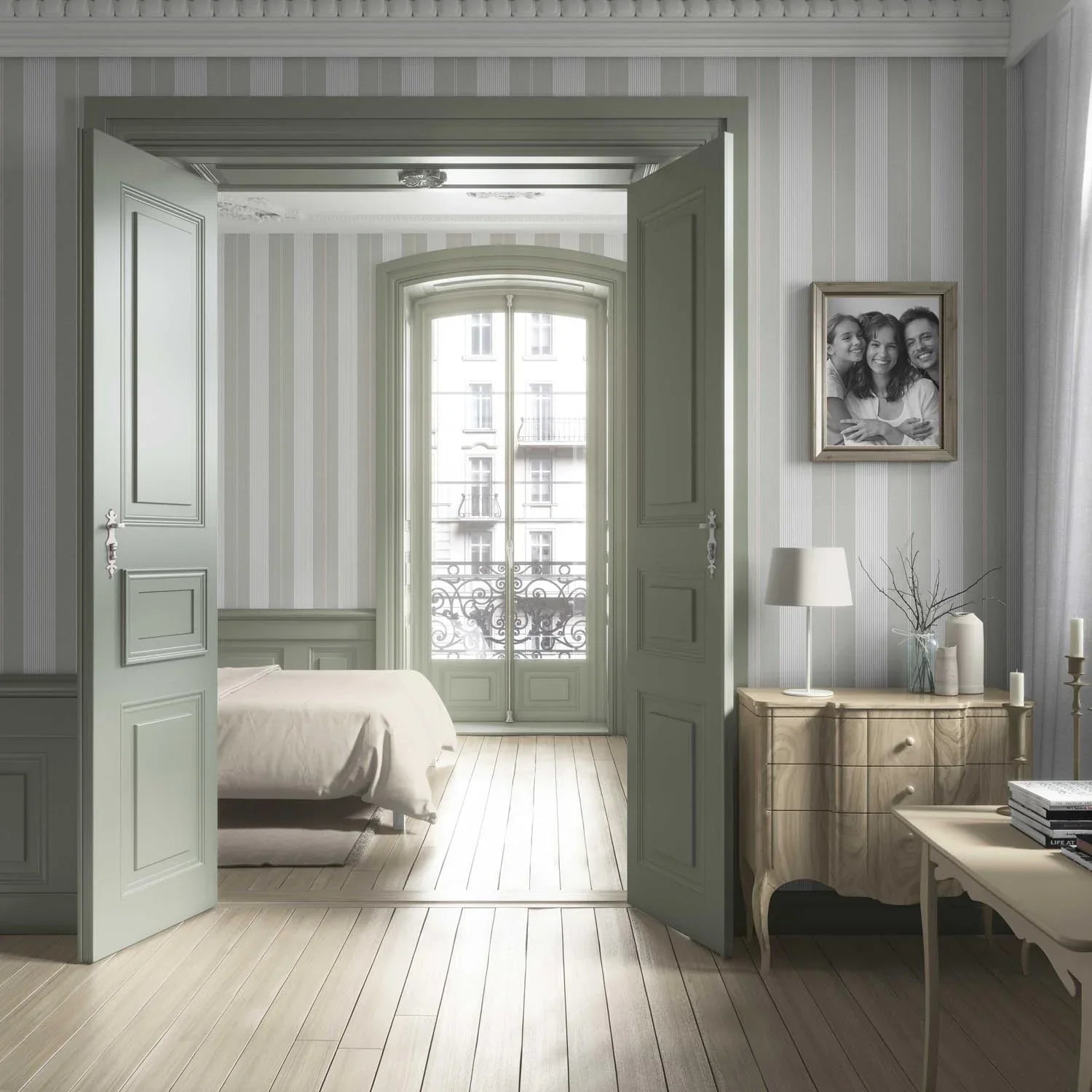 Neutral Geometric Striped Living Room Wallpaper Sample (Grey-Green)