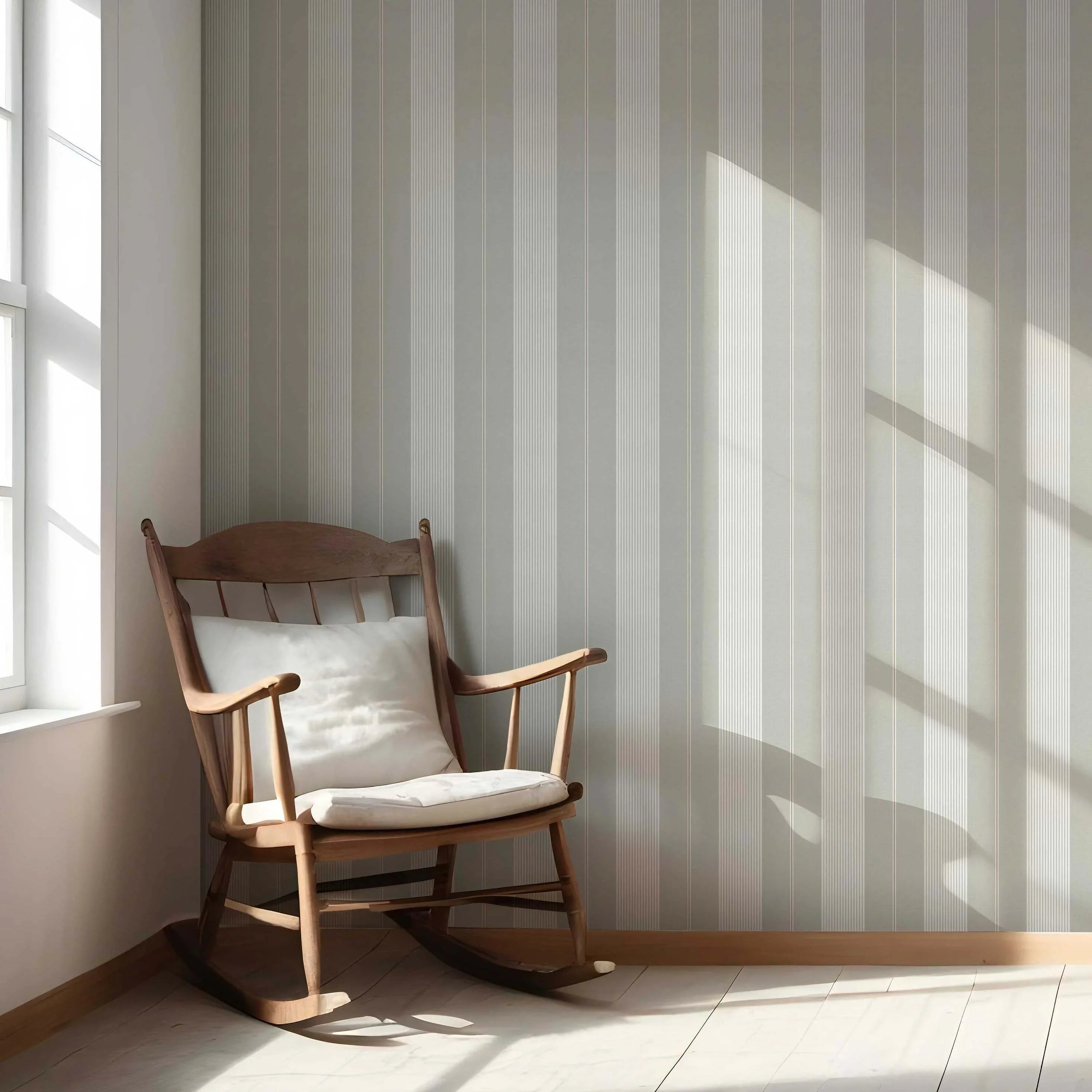 Neutral Geometric Striped Nursery Wallpaper Sample (Grey-Green)