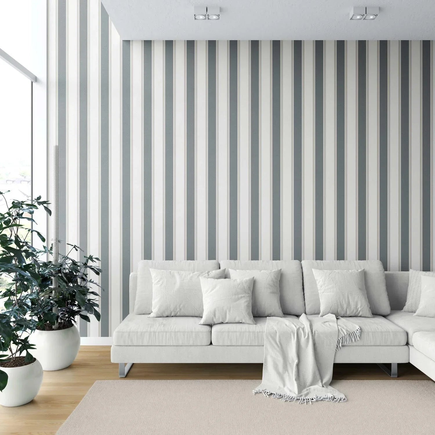 Neutral Geometric Striped Kitchen Wallpaper Sample (Slate Blue/ Grey)