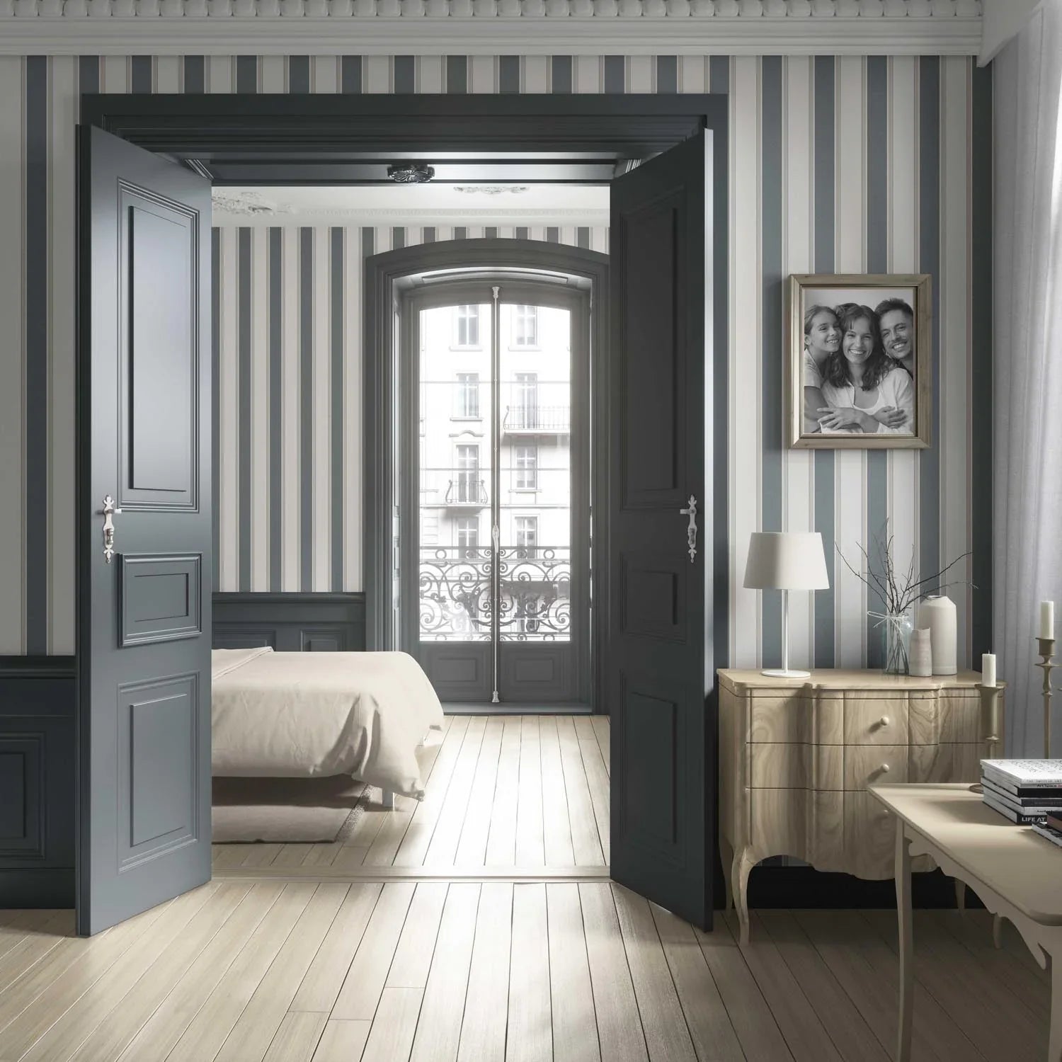 Neutral Geometric Striped Living Room Wallpaper Sample (Slate Blue/ Grey)