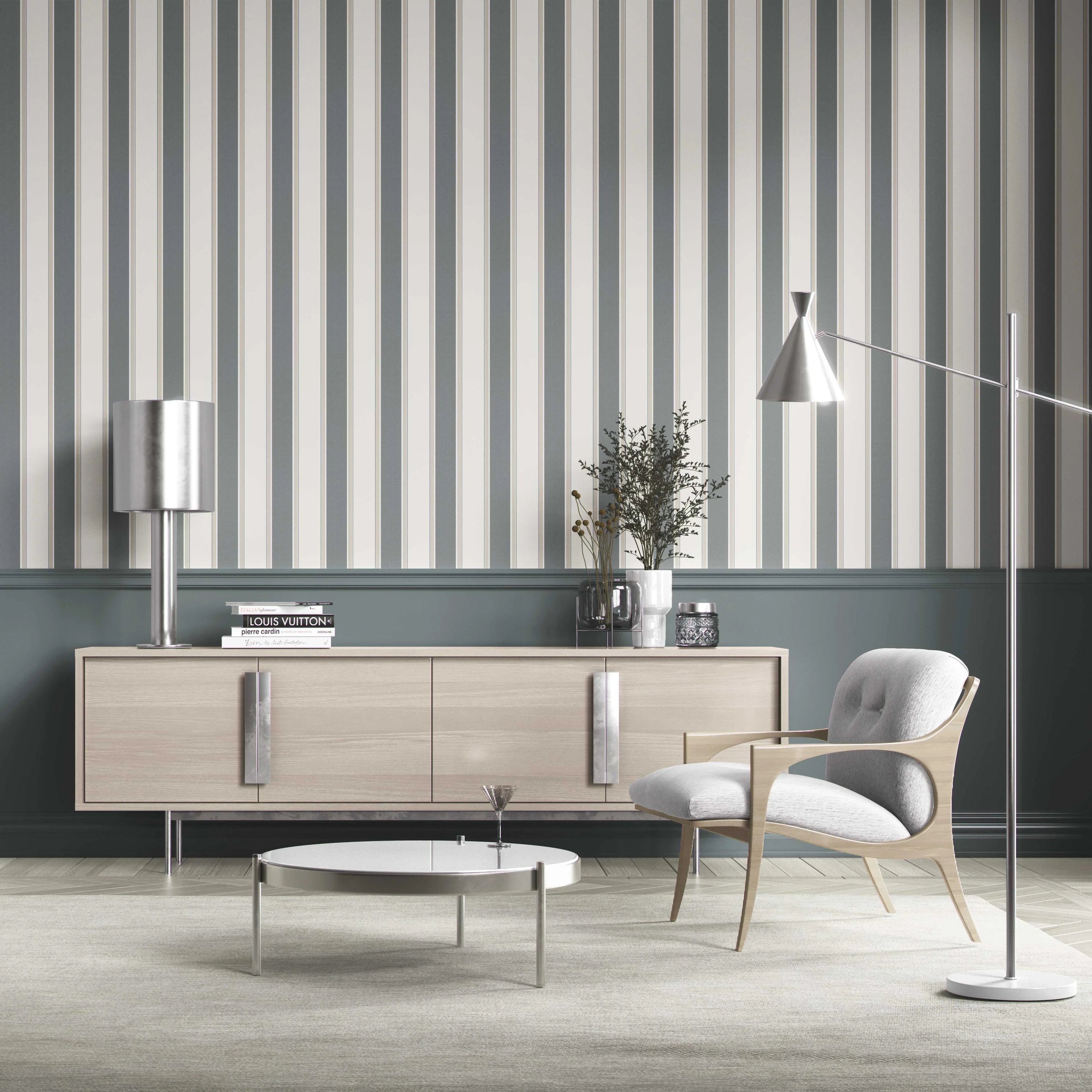 Neutral Geometric Striped Shower Toilet Wallpaper Sample (Slate Blue/ Grey)
