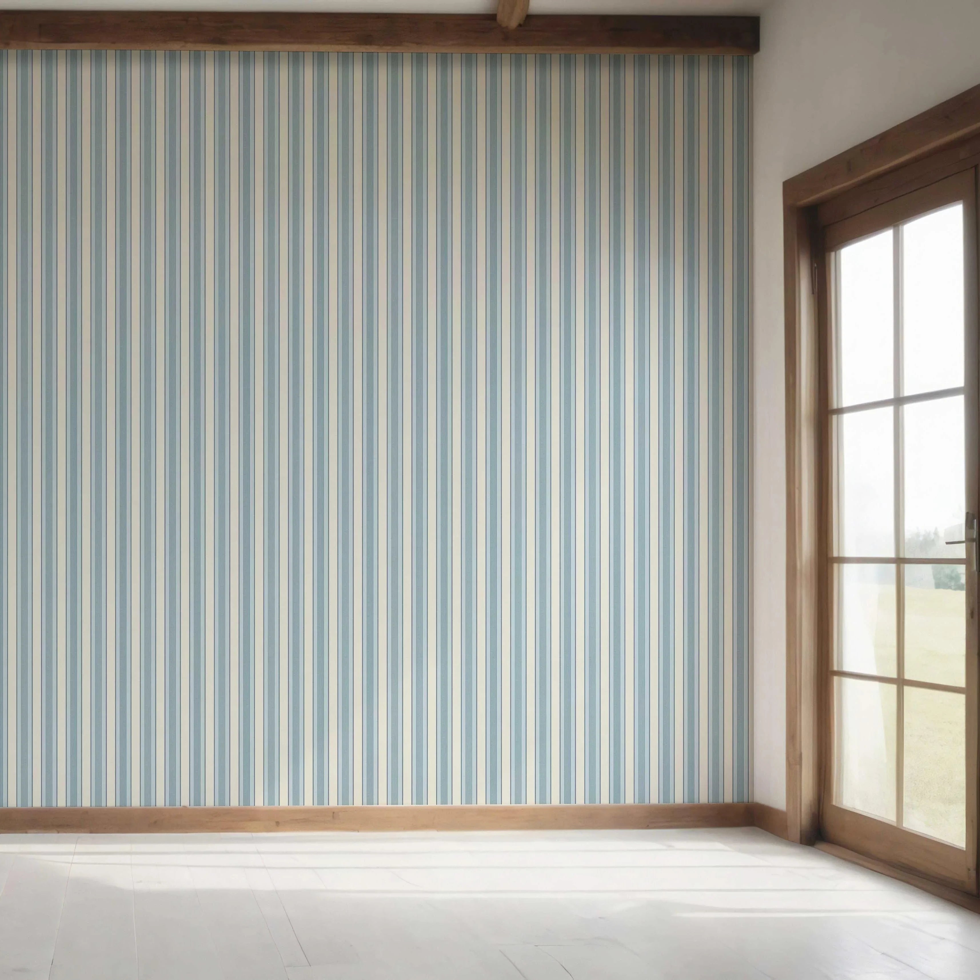 Geometric Striped Bedroom Wallpaper Sample (Blue/ Cream)
