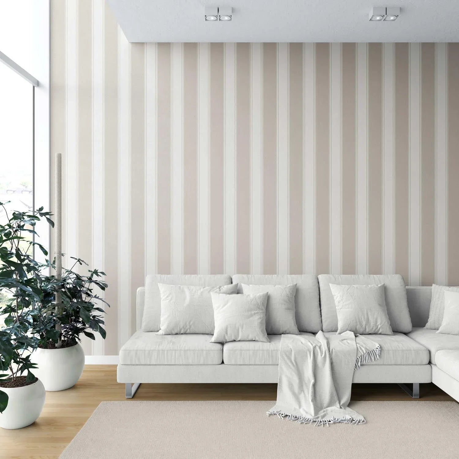 Neutral Geometric Striped Shower Toilet Wallpaper Sample (Greige/ Taupe/ Warm Grey)