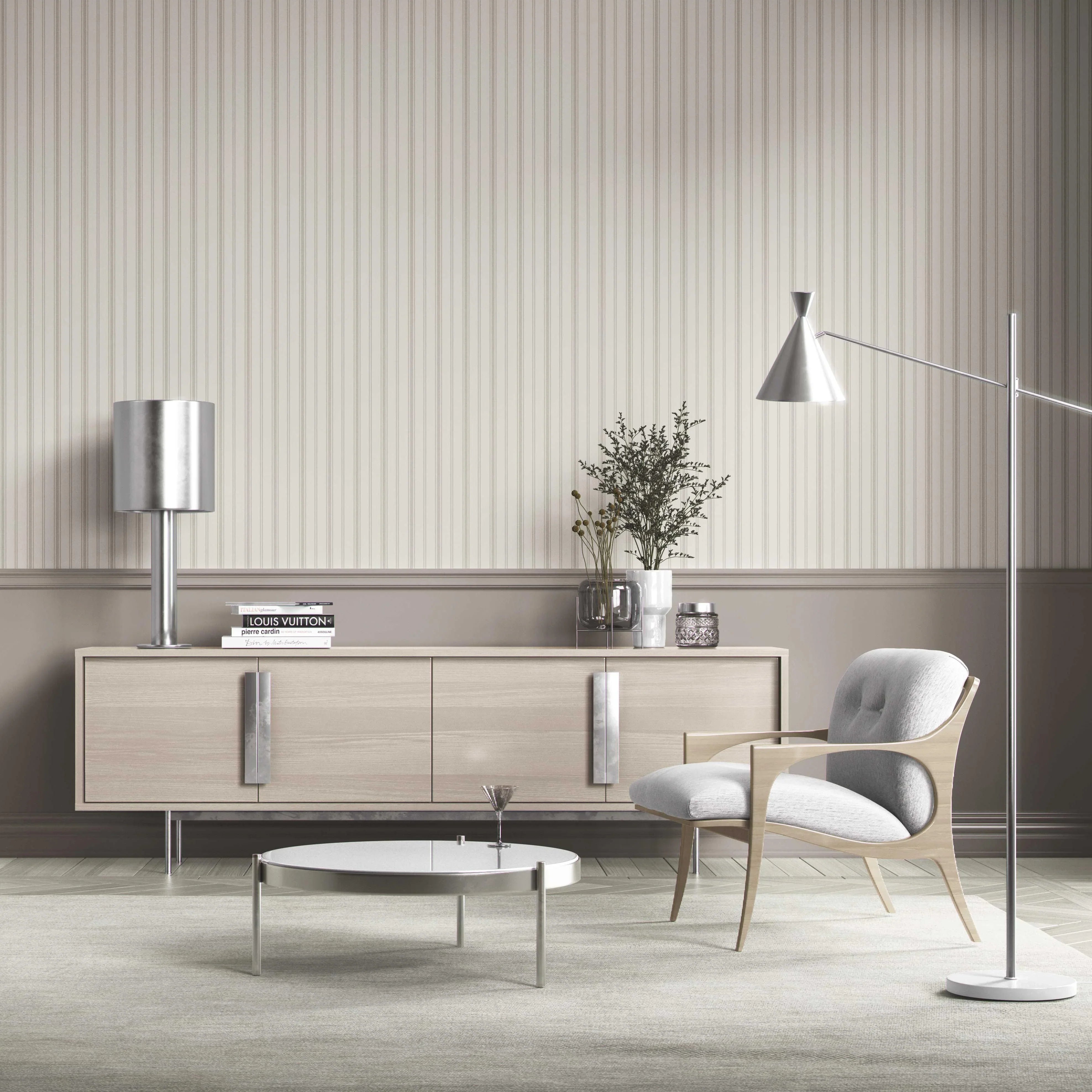 Neutral Geometric Striped Bathroom Wallpaper (Cream/ Beige/ Grey)