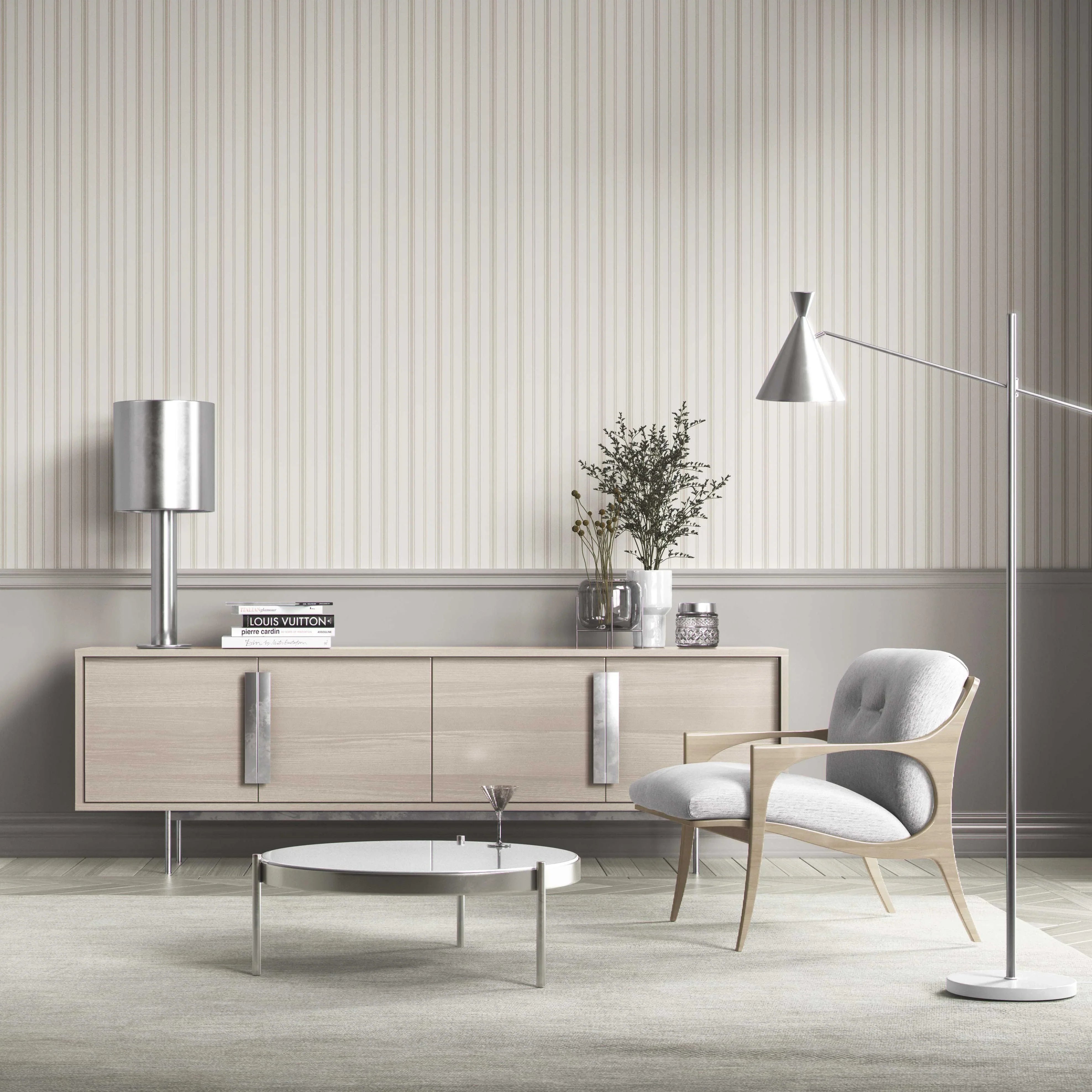 Neutral Geometric Striped Bathroom Wallpaper (Greige/ Taupe Grey)