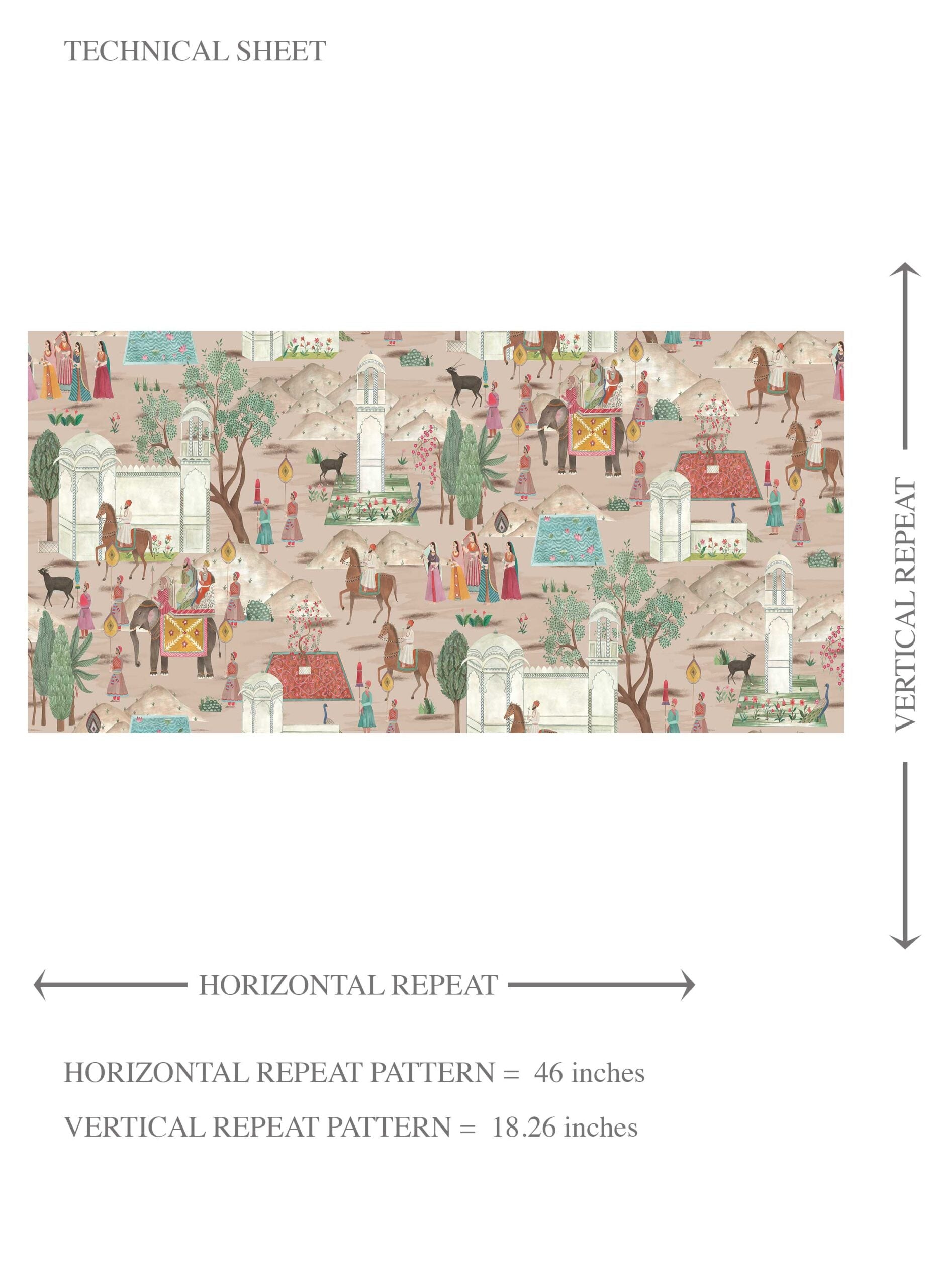 Ethnic/ Heritage/ Horses & Castles Print Kids Room Wallpaper (Pink/ Green/ Red/ Blue)